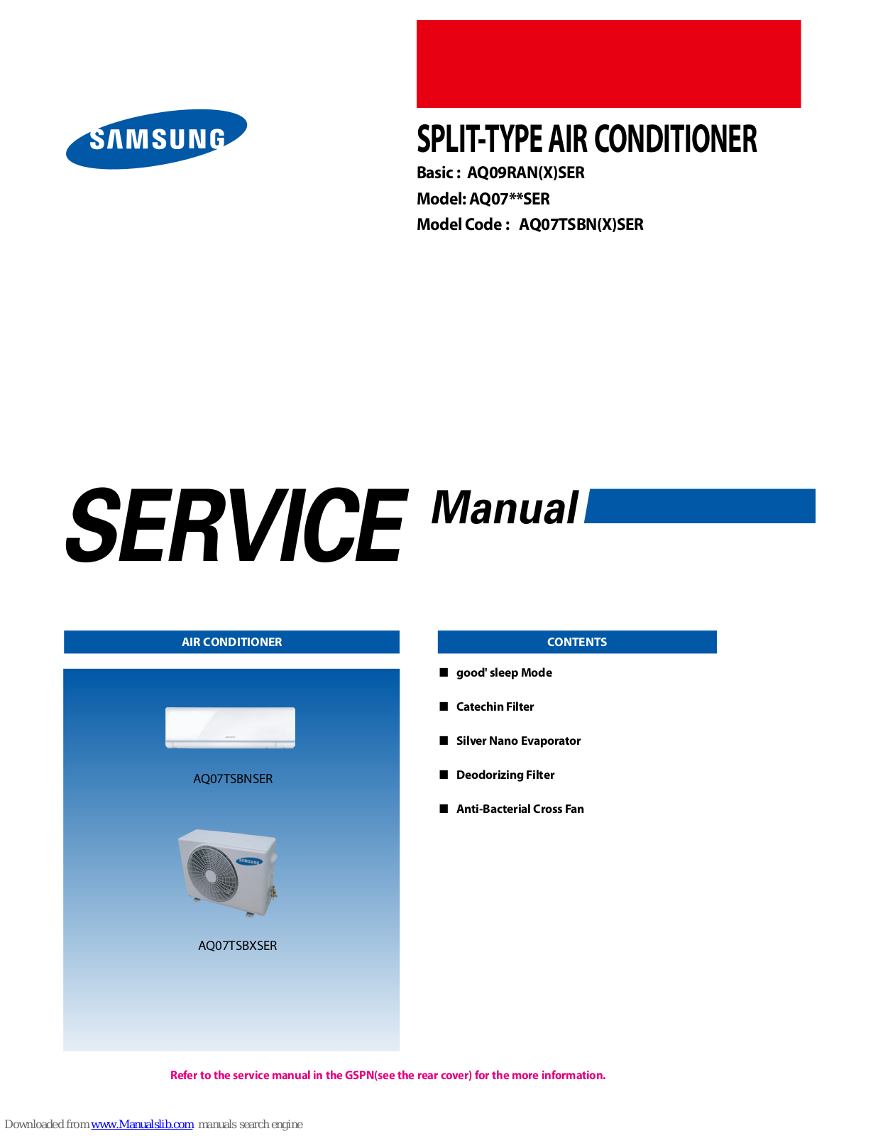 Samsung AQ07**SER Series, AQ07TSBNSER, AQ07TSBNXSER, AQ09RANXSER, AQ09RANSER Service Manual