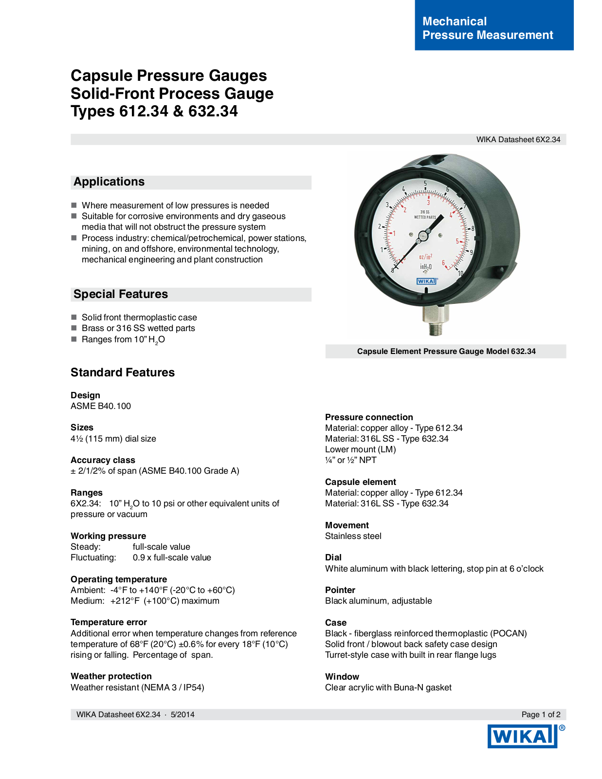 WIKA 612.34, 632.34 Specifications