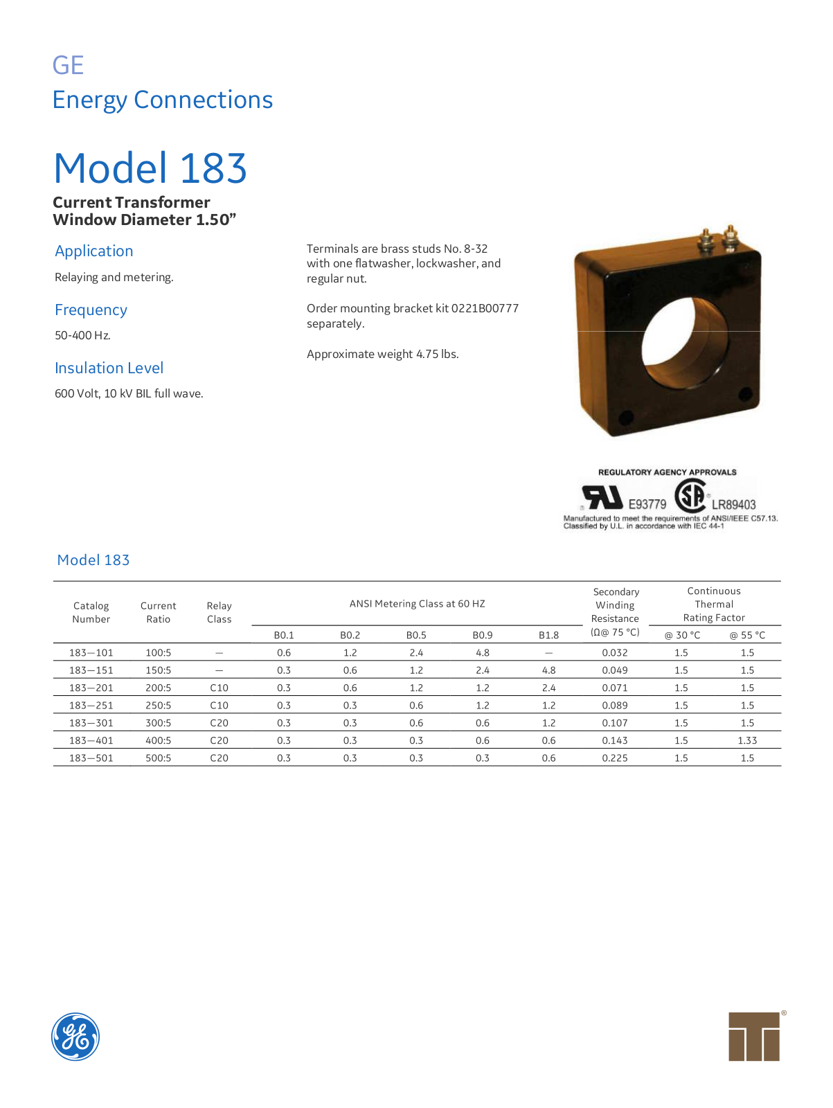 Instrument Transformer, Div of GE 183 Data Sheet