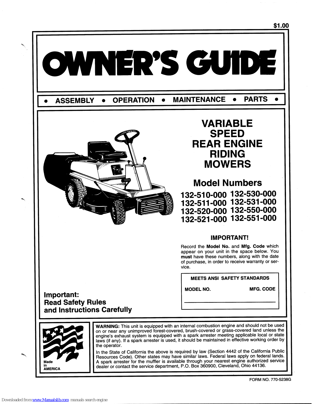 MTD 132-510-000, 132-511-000, 132-520-000, 132-521-000, 132-530-000 Owner's Manual