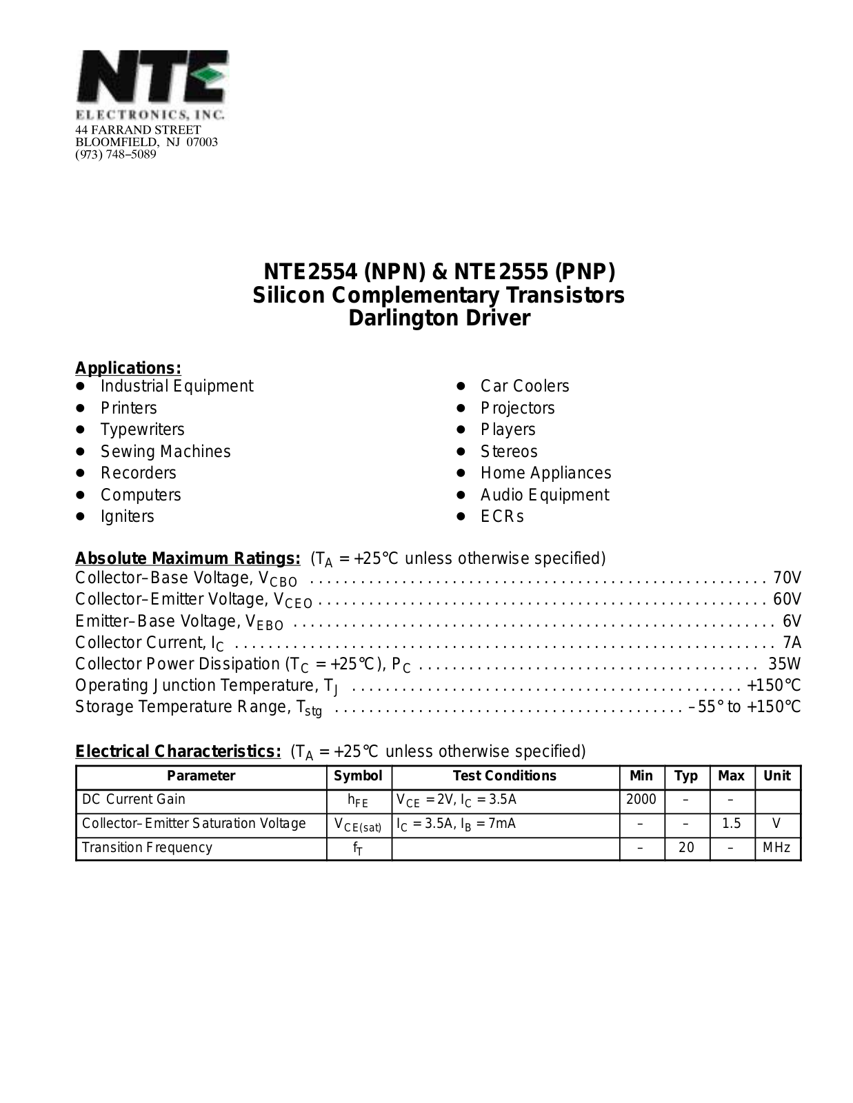 Datasheet NTE2555, NTE2554 Datasheet (NTE) - ManualMachine.com