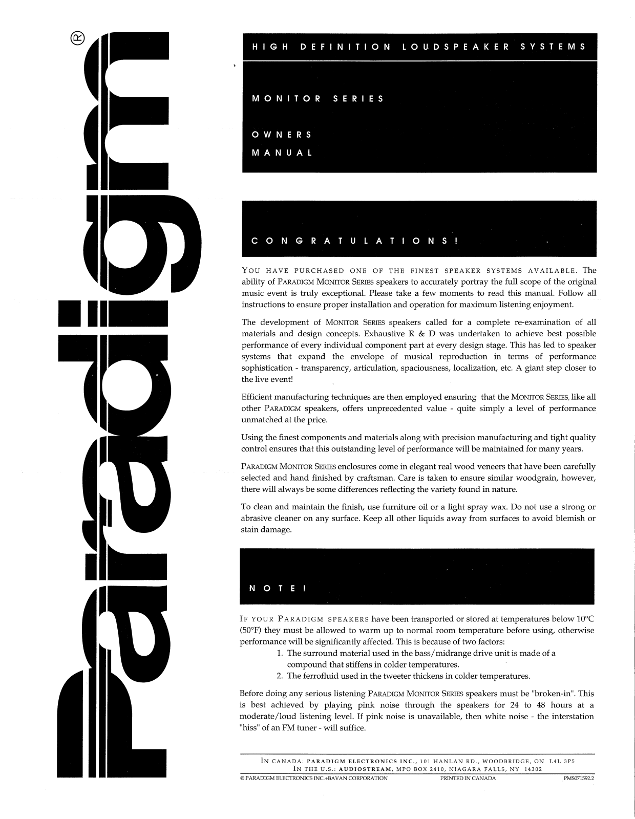 Paradigm Monitor 7 Owners Manual