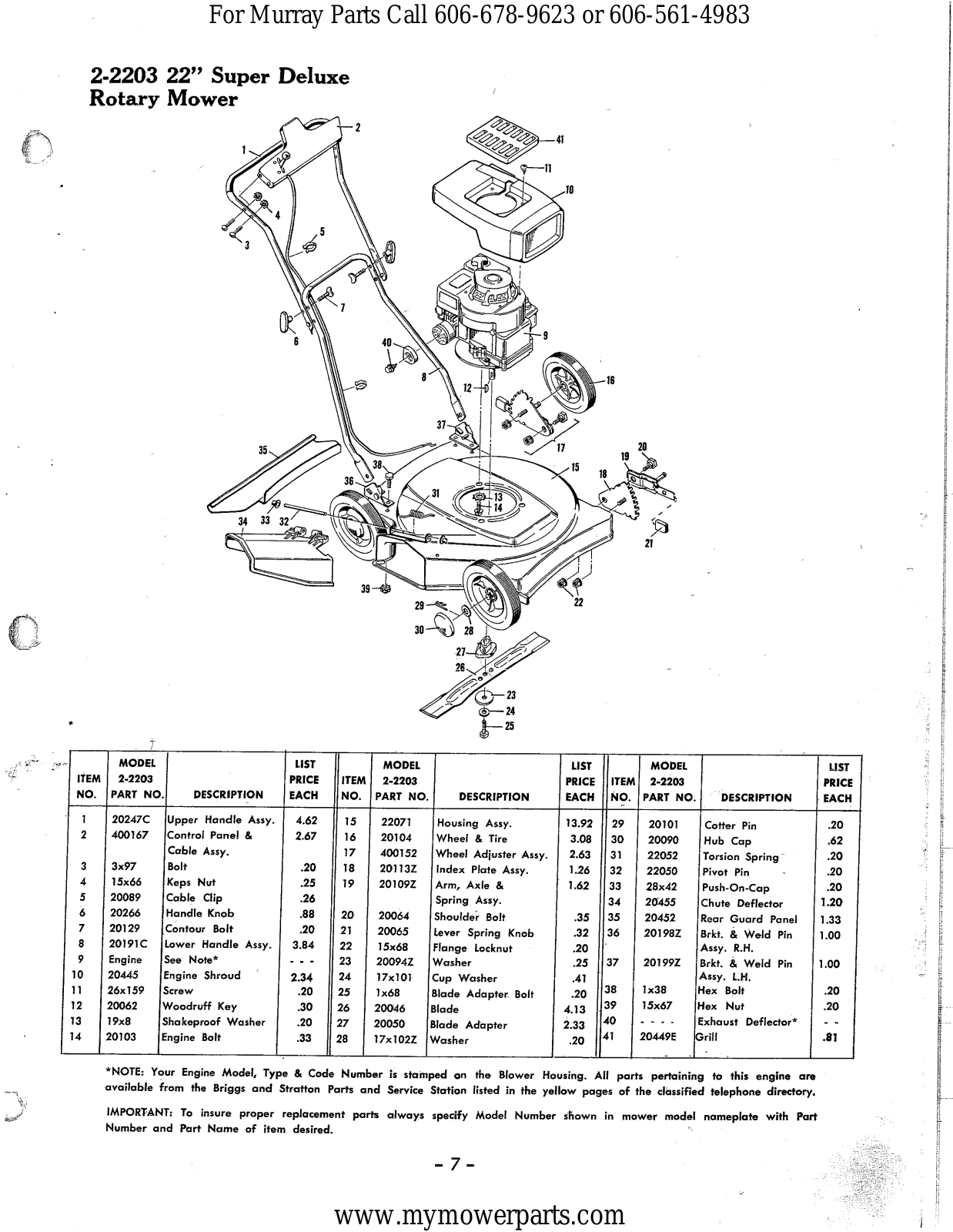 Murray 72-2203 Parts List
