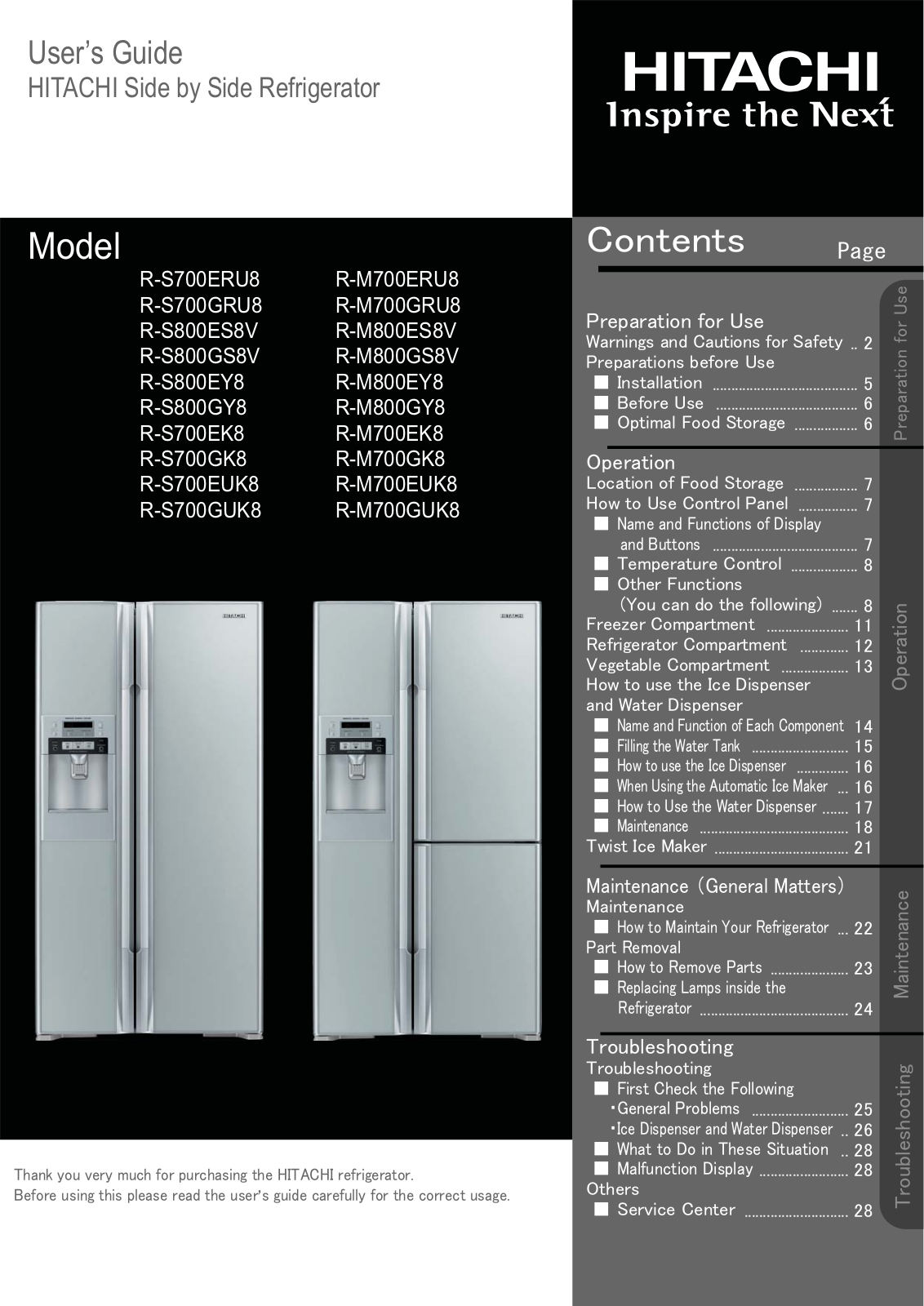 Hitachi R-S700ERU8, R-S700GRU8, R-S800ES8V, R-S800GS8V, R-S800EY8 User Manual