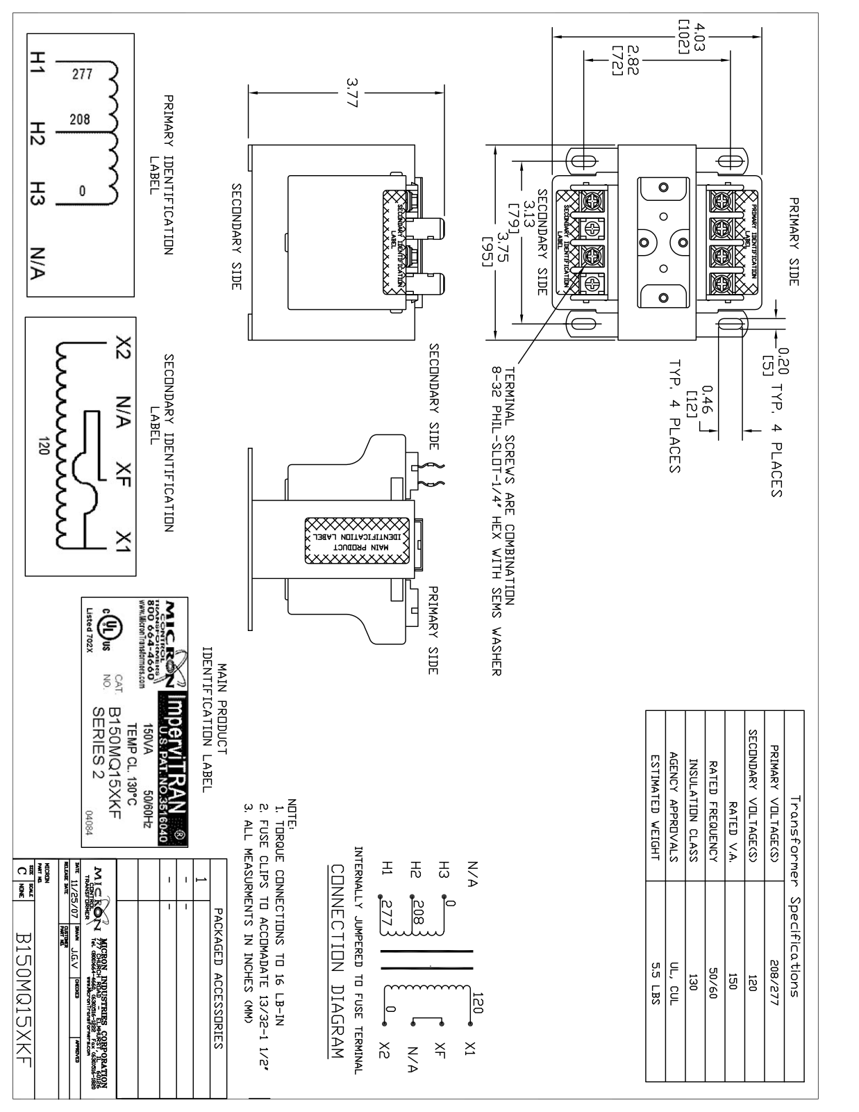 Micron Industries B150MQ15XKF Specification Sheet