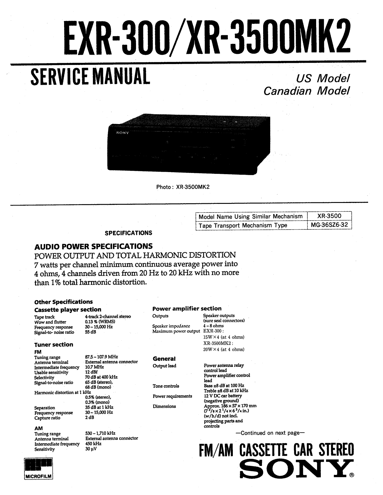 Sony EXR-300, XR-3500MK2 User Manual