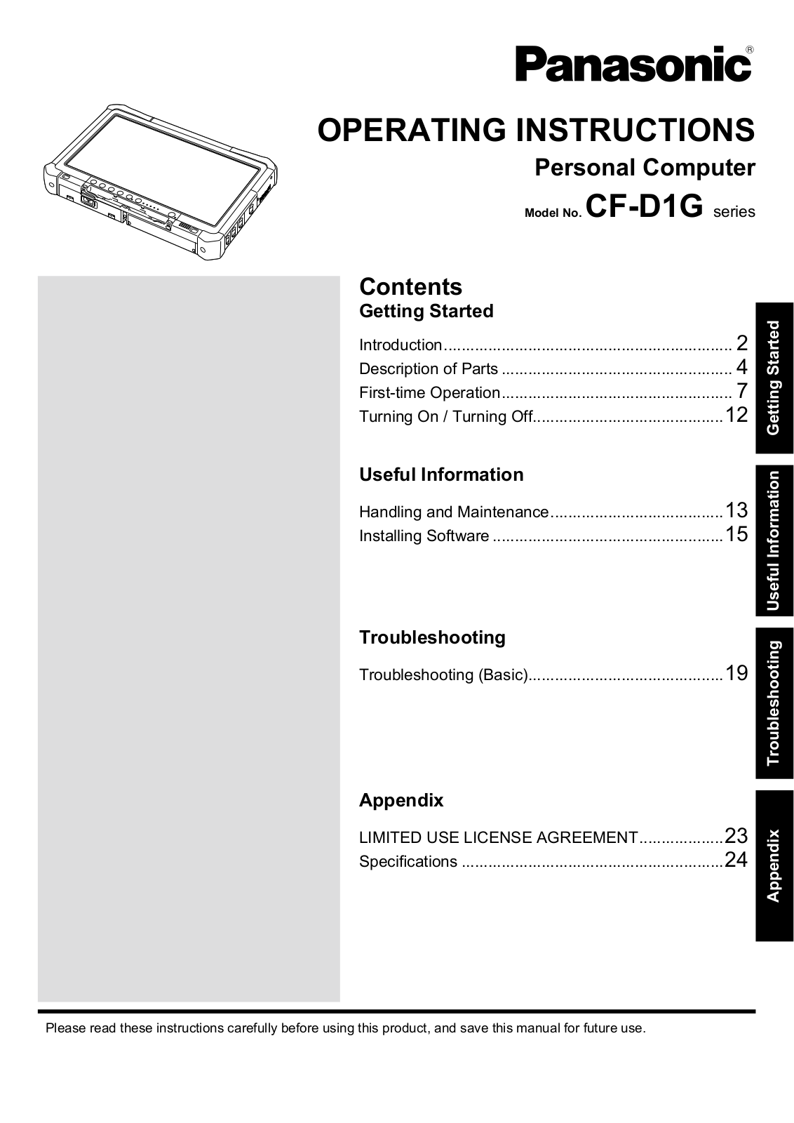 Panasonic CF-D1G Operating Instructions Manual