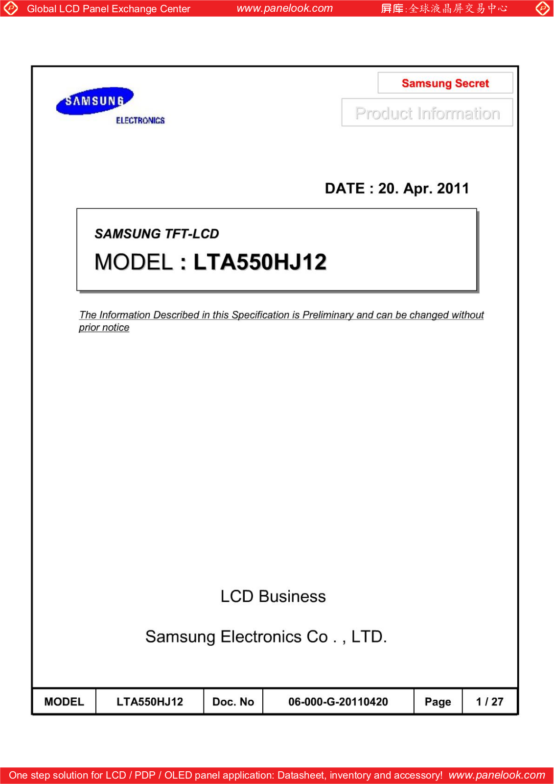 SAMSUNG LTA550HJ12 Specification