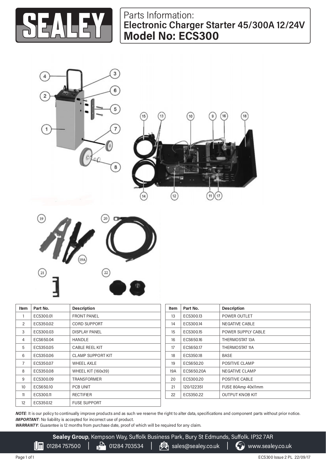 Sealey Ecs300 Parts Listing