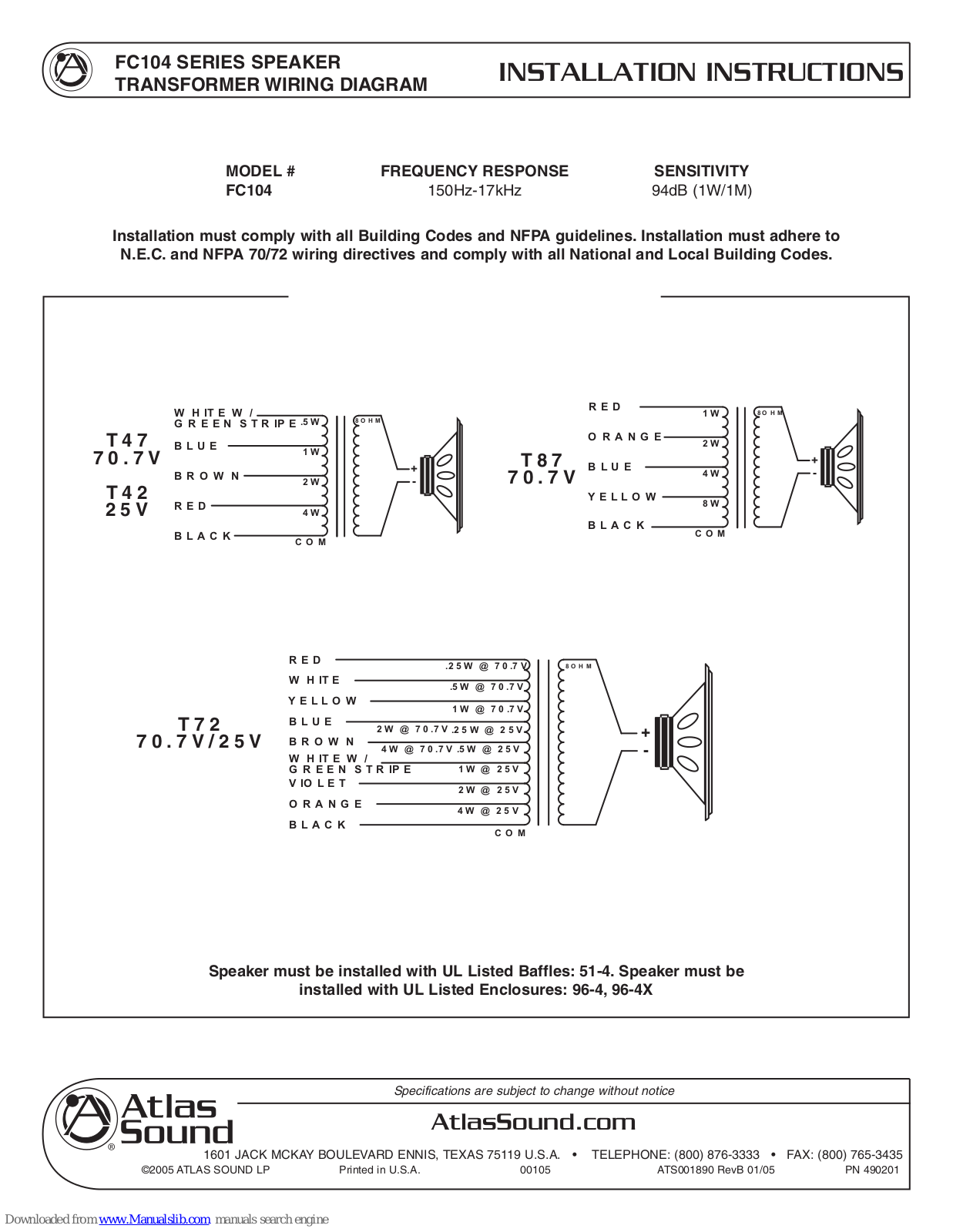 Atlas FC104 Installation Instructions Manual