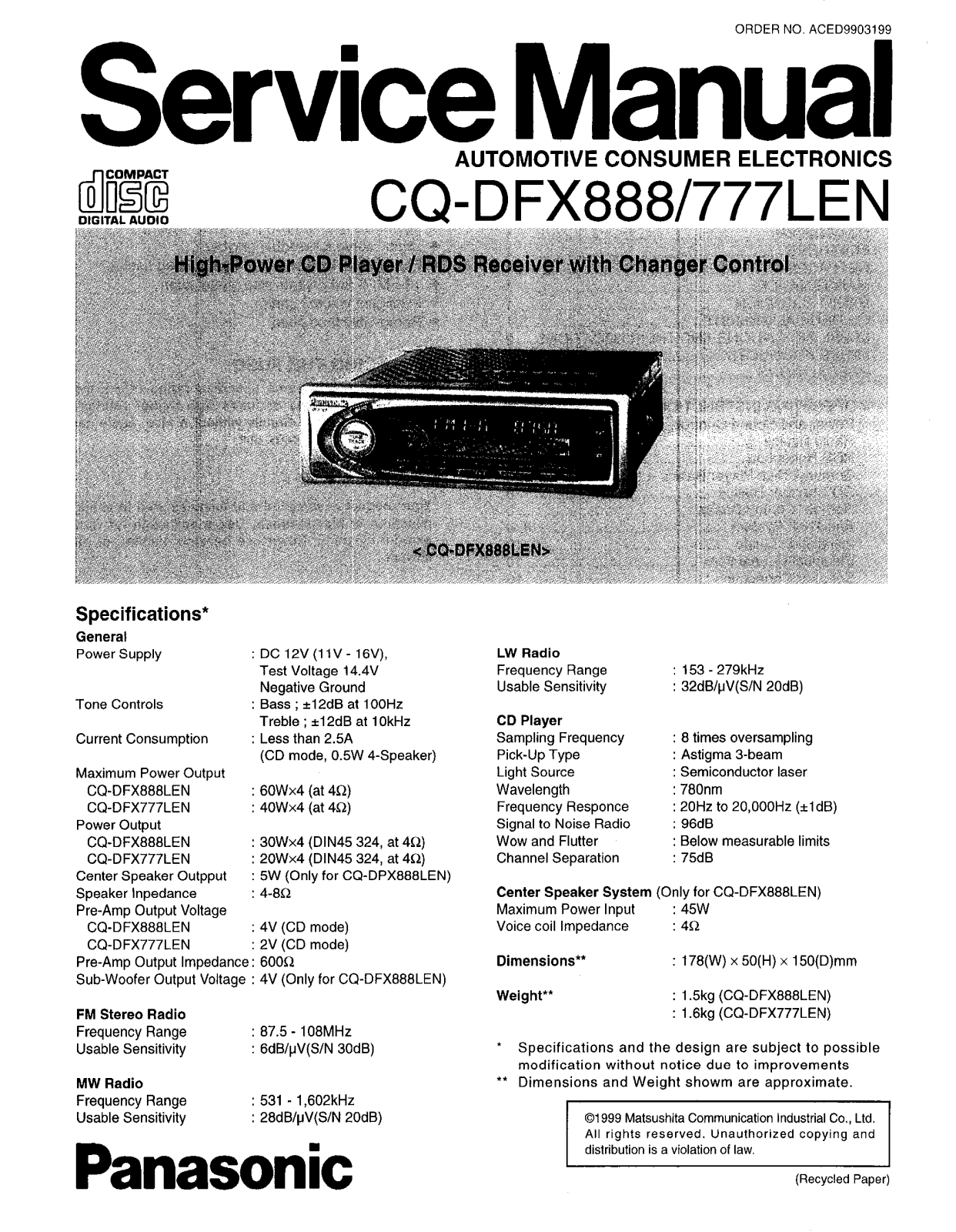 Panasonic CQ-DFX777, CQ-DFX777L Service Manual