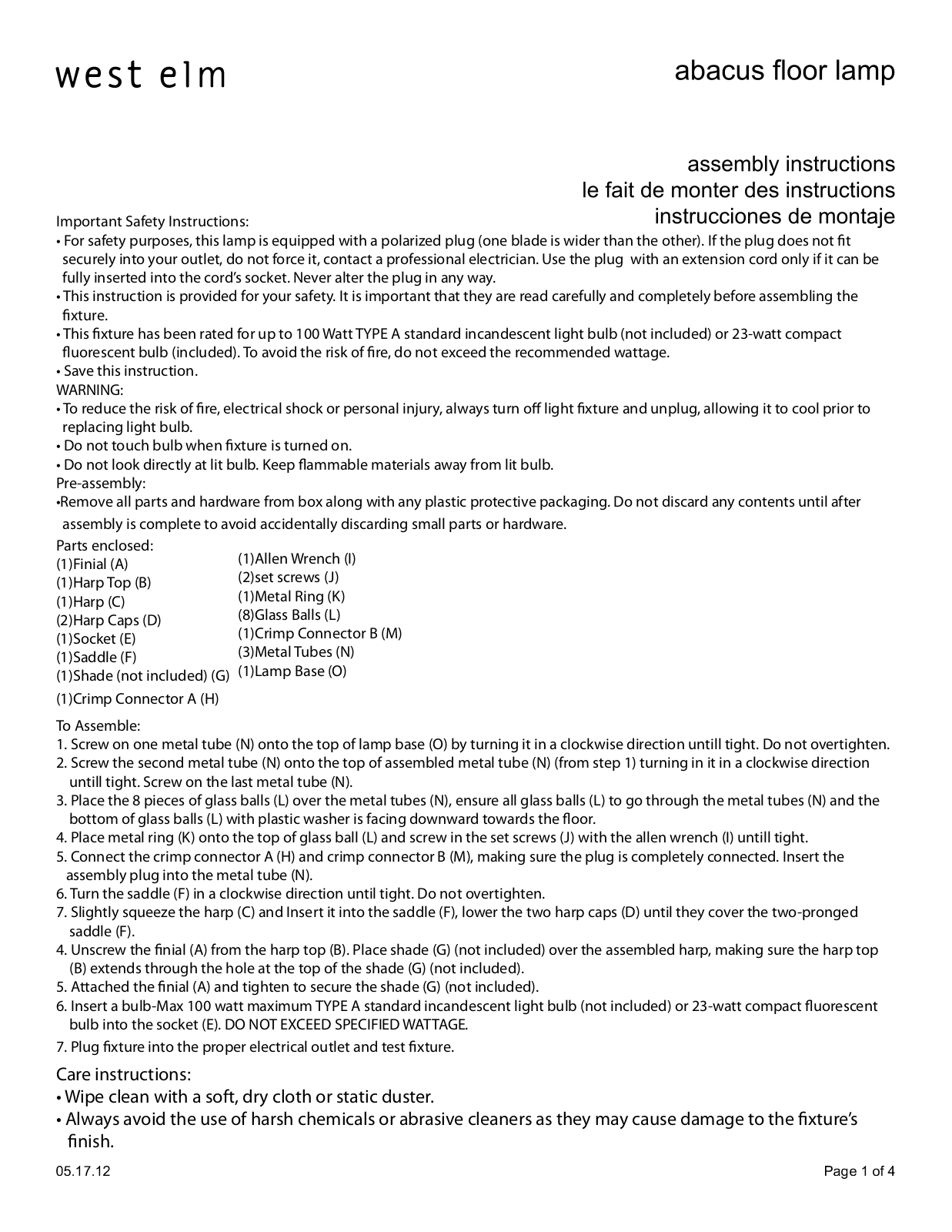 West Elm Abacus Floor Lamp Assembly Instruction