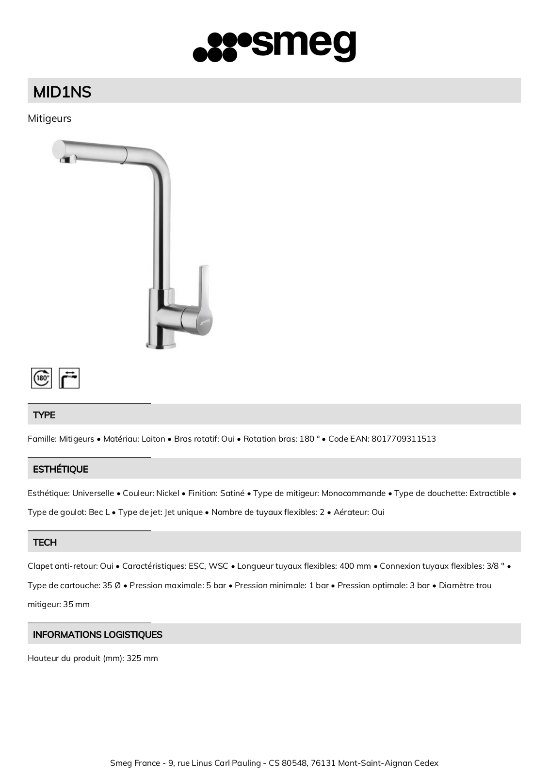 Smeg MID1NS Product Information Sheet