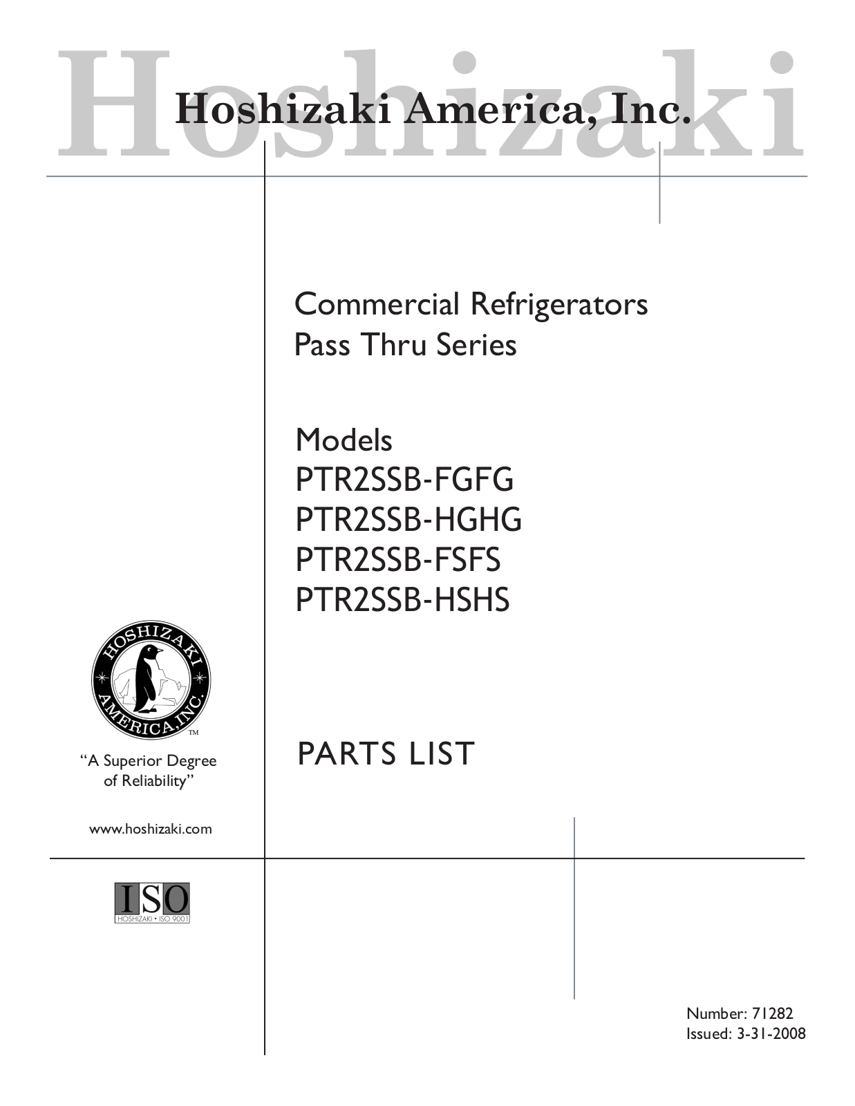 Hoshizaki PTR2SSBFGFG Parts List