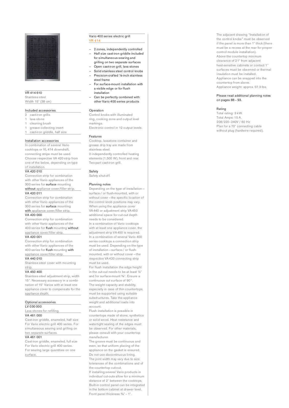 Gaggenau VR414610 PRODUCT SPECIFICATIONS