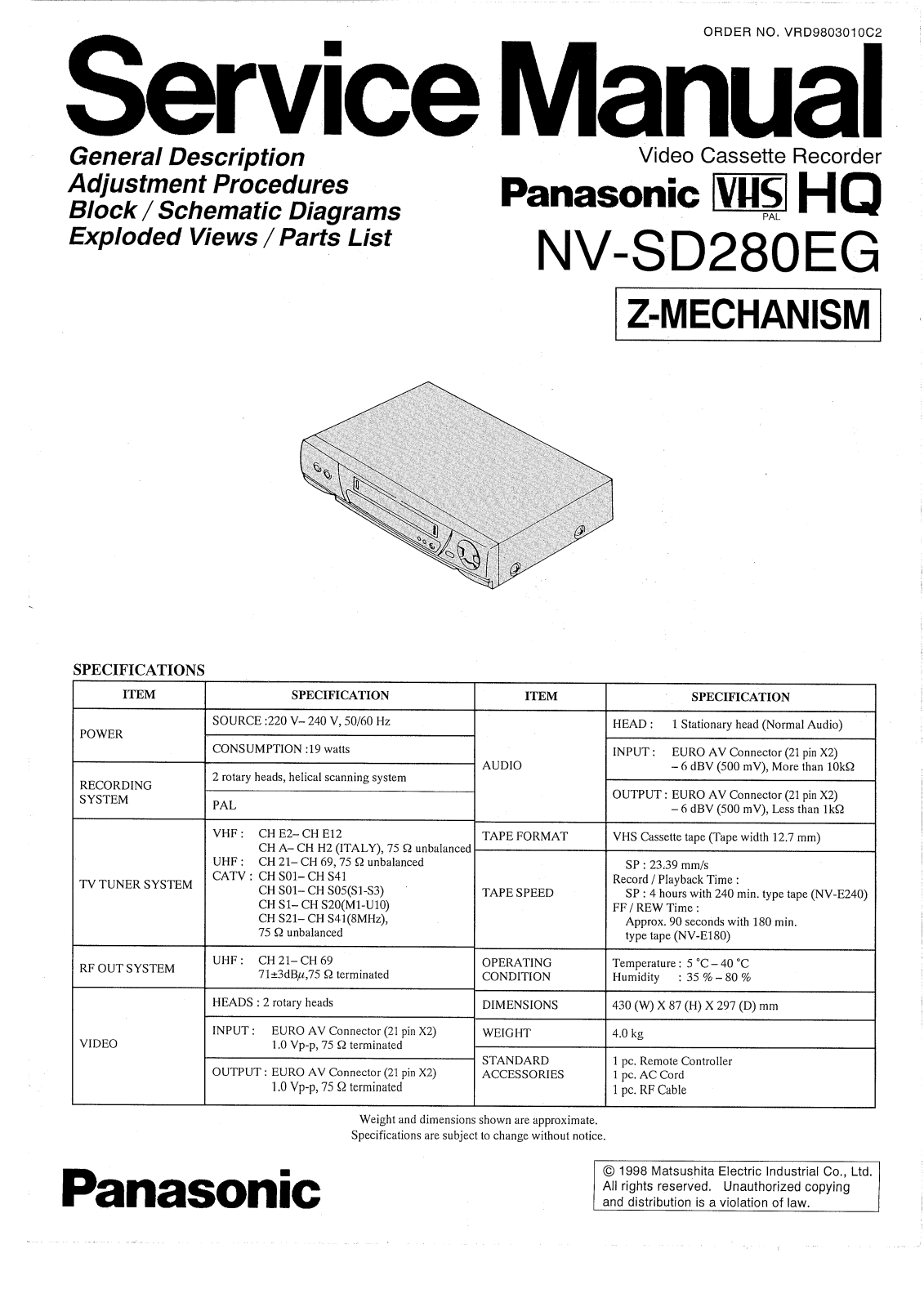 PANASONIC NV-SD280 Service Manual