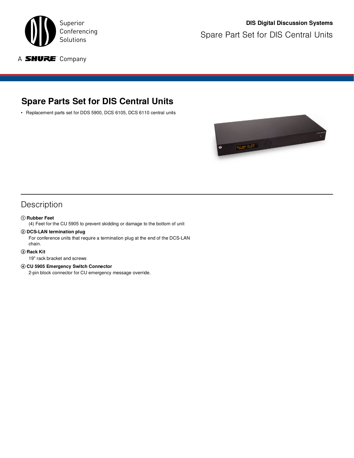 Shure DIS Central Units Specification Sheet