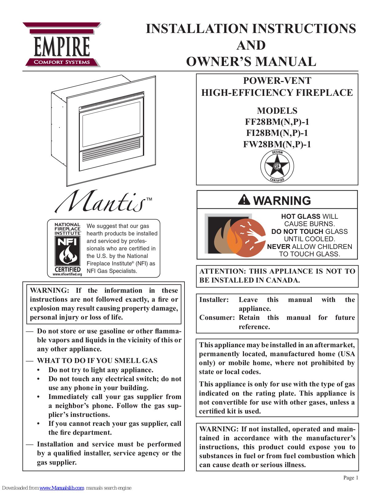 Empire Mantis FF28BM(N, P)-1, Mantis FI28BM(N, Mantis FW28BM(N Installation Instructions And Owner's Manual