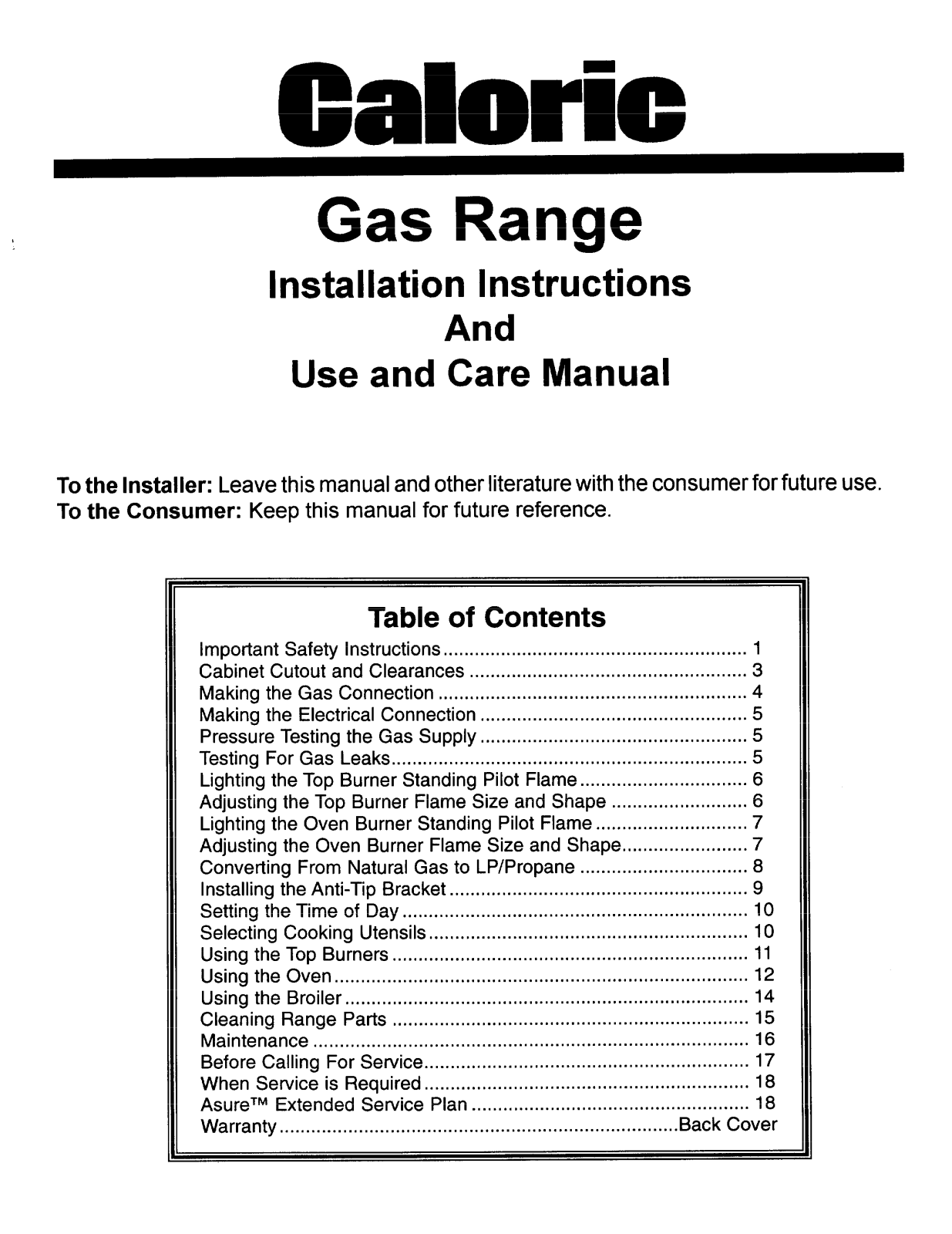 Caloric RLN330UW, RLN340UL, RLN340UW, RLN345UL, RLN345UW Installation Instructions