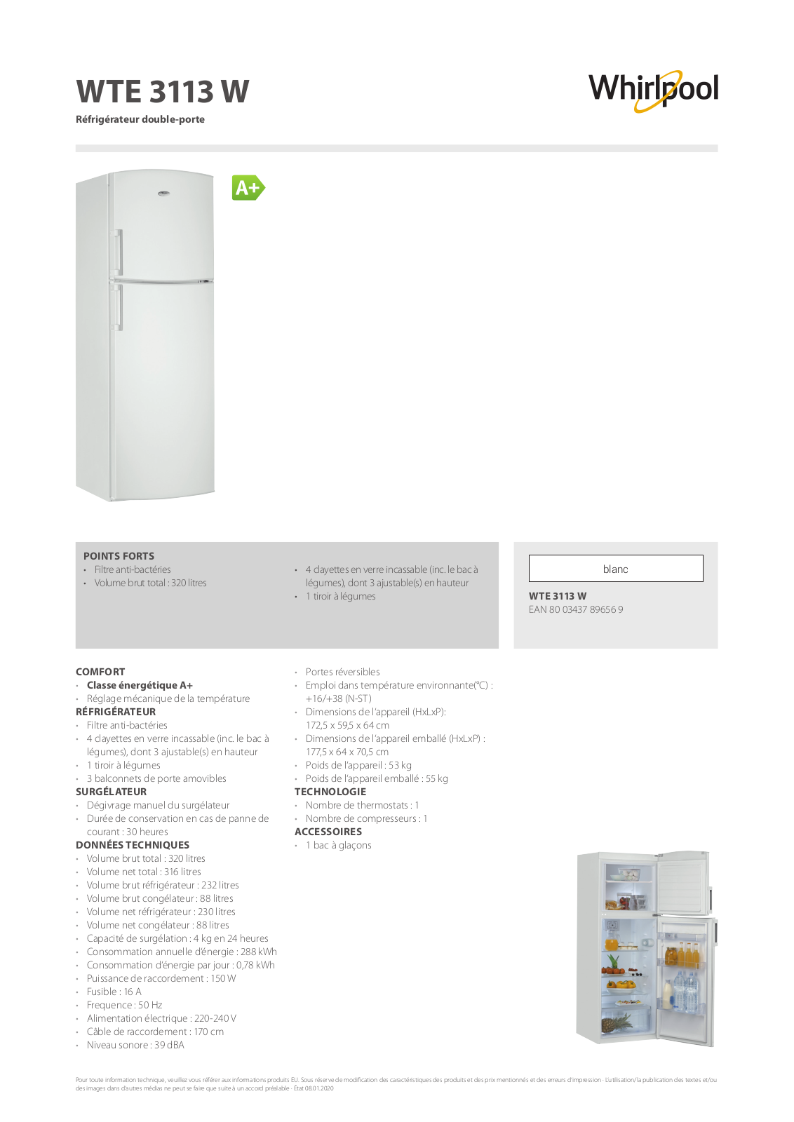 Whirlpool WTE3113 W Product information