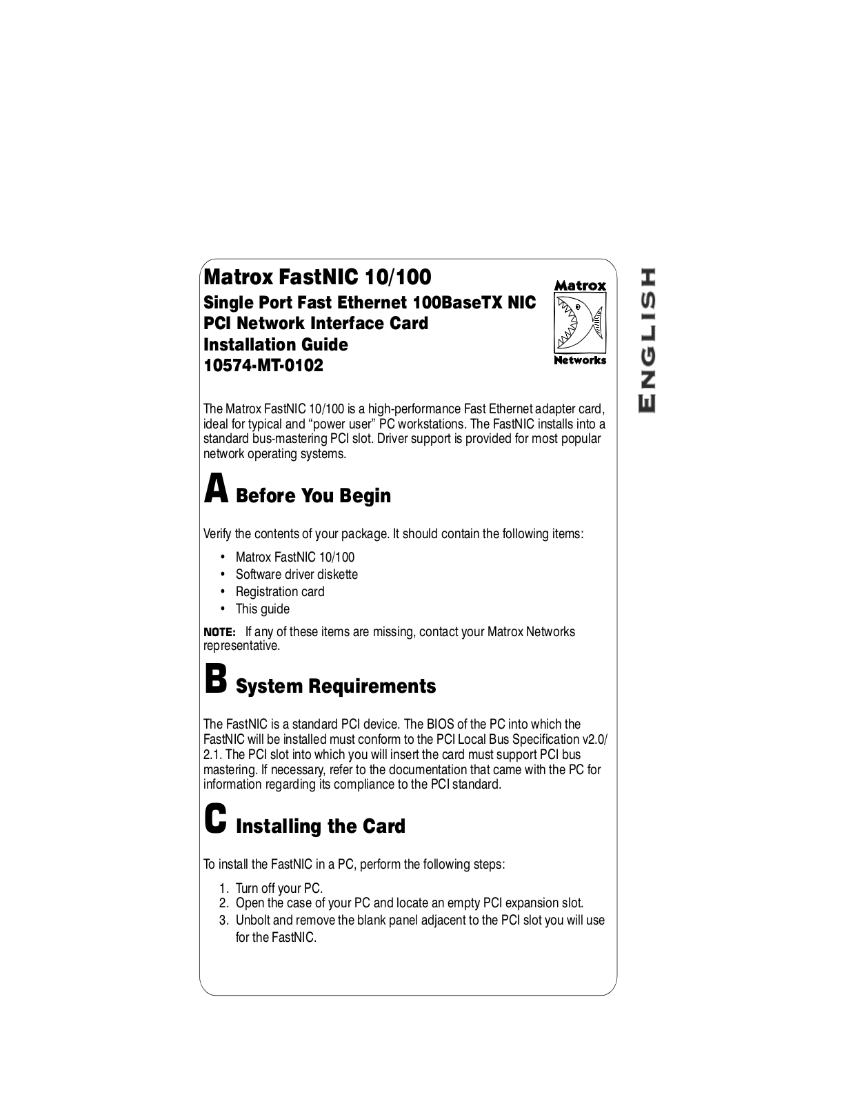 Matrox Electronic Systems FastNIC 10-100 User Manual