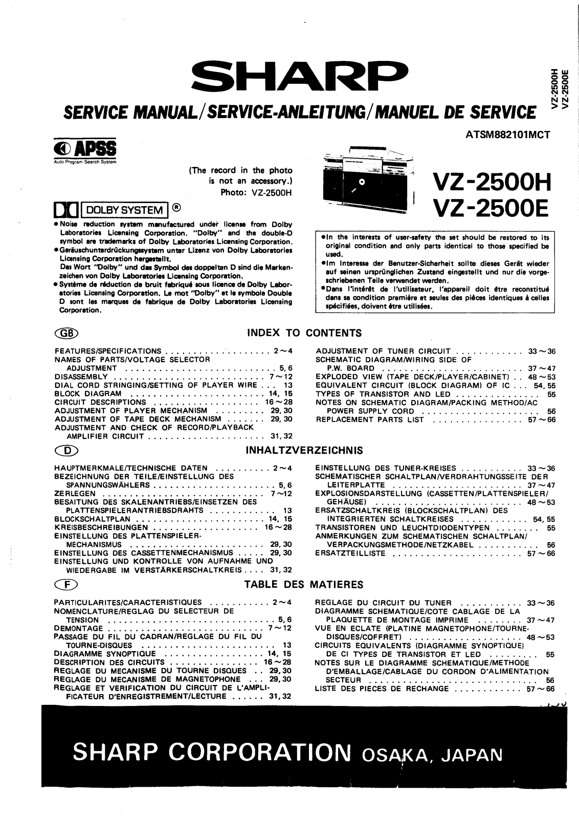 Sharp VZ-2500-H, VZ-2500-E Service manual