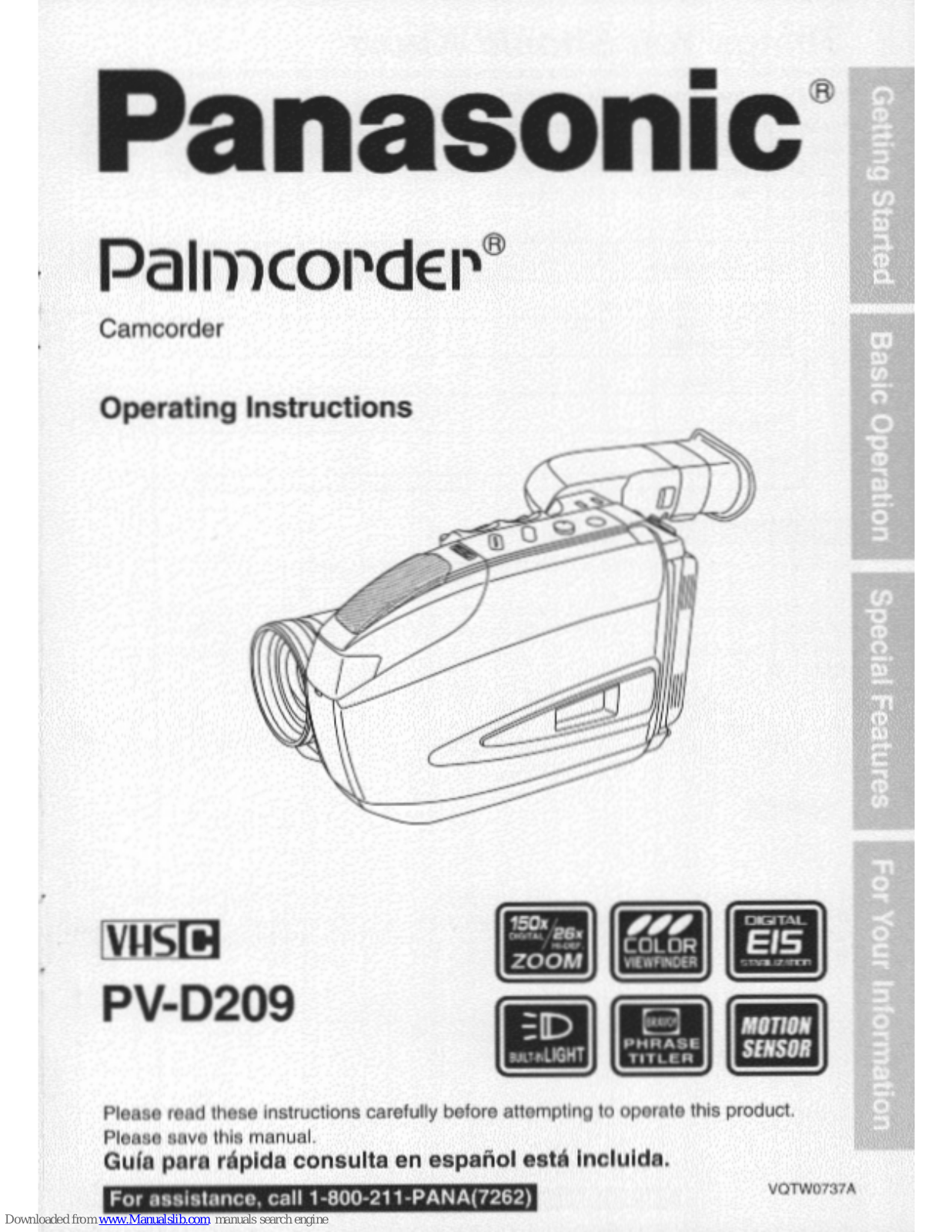 Panasonic Palmcorder PV-D209, PVD209D - VHS-C CAMCORDER Operating Manual