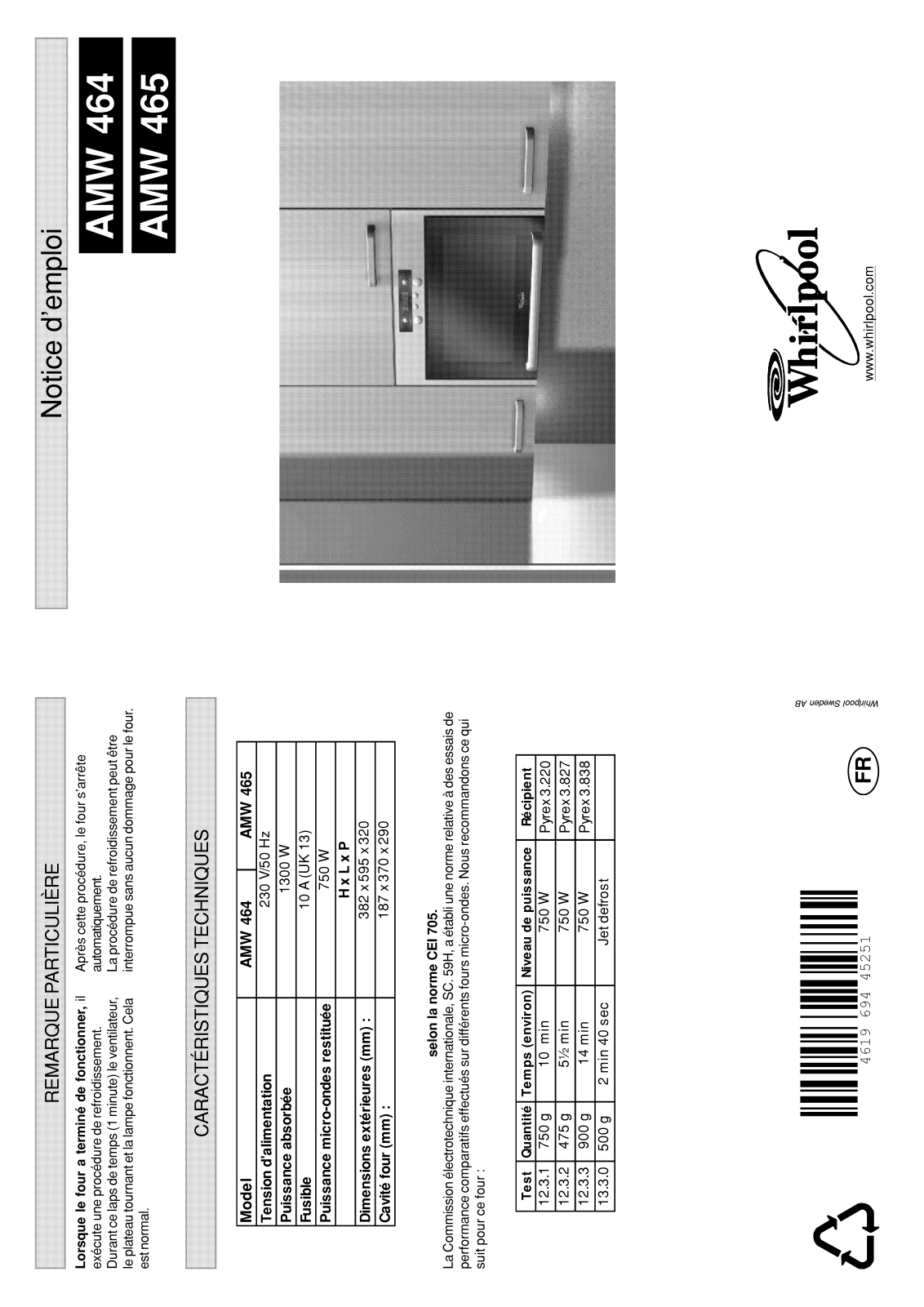 WHIRLPOOL AMW 465 User Manual