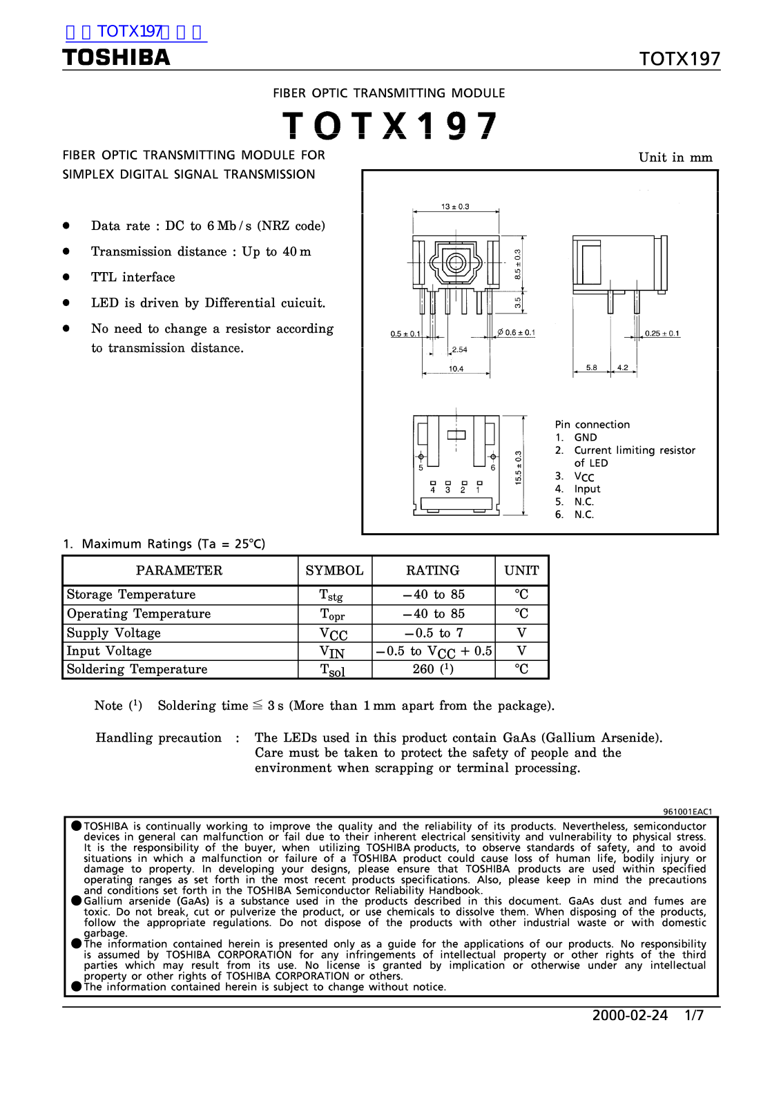 TOSHIBA TOTX197 Technical data