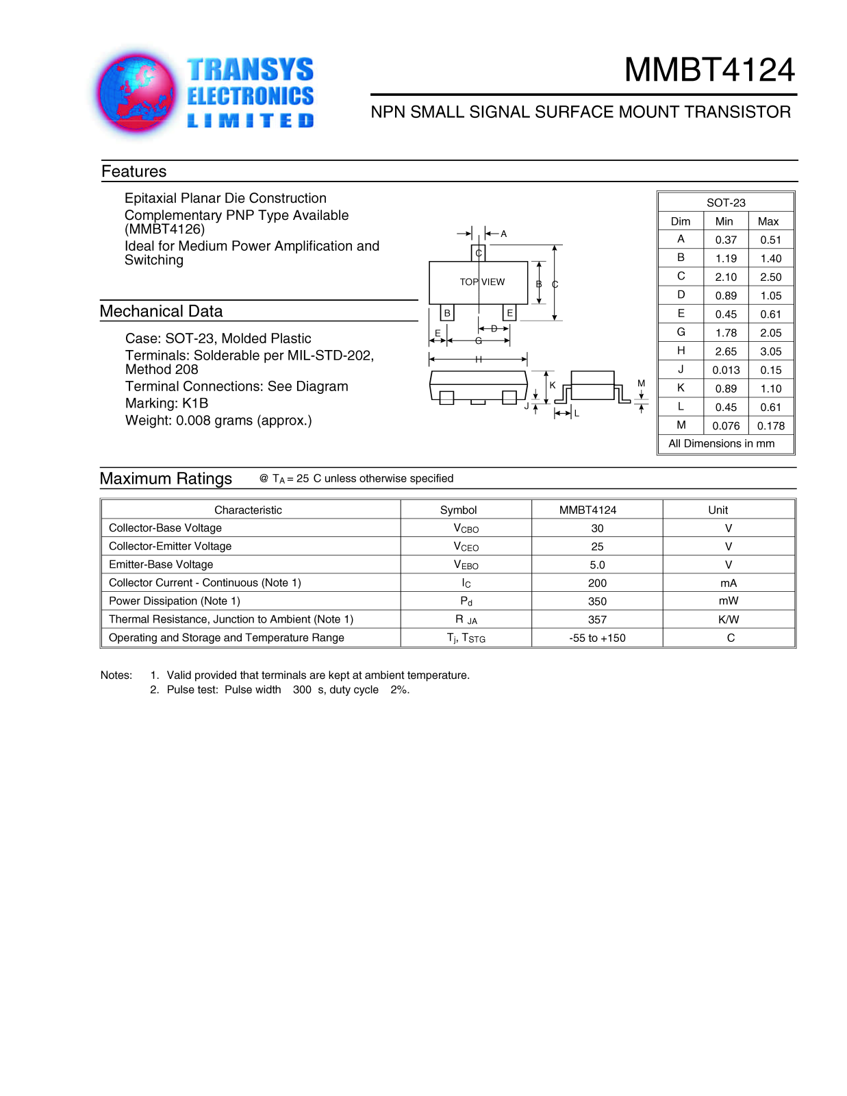 TEL MMBT4124, MMBT4124 Datasheet