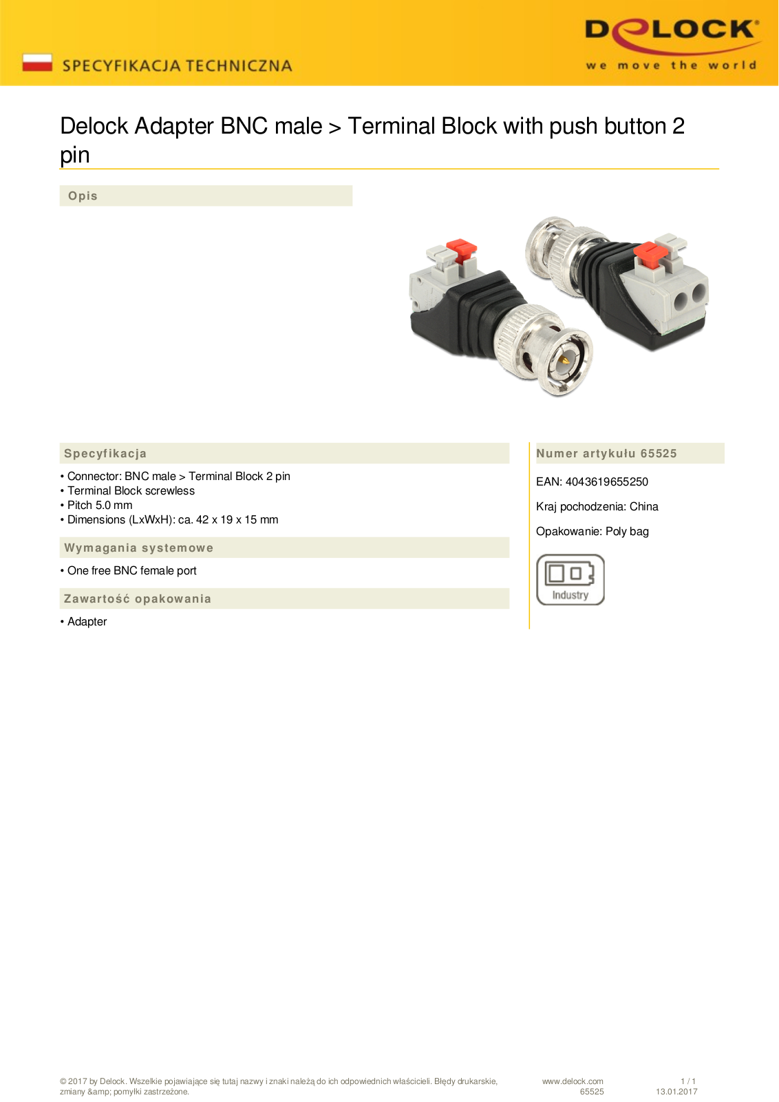 DeLOCK BNC  plug  on 2-Pin-Terminalblock adapter with Push buttons User Manual