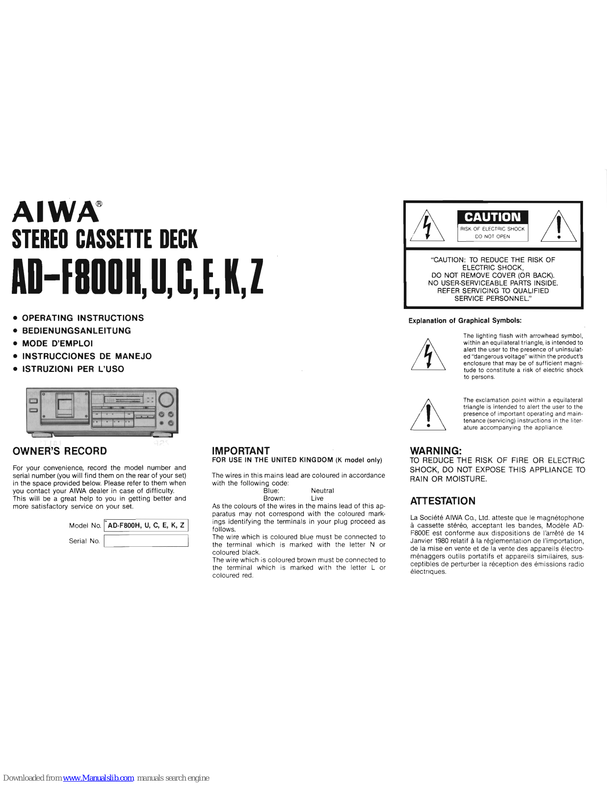 Aiwa AD-F 800E, AD-F 800U, AD-F 800H, AD-F 800K, AD-F 800Z User Manual