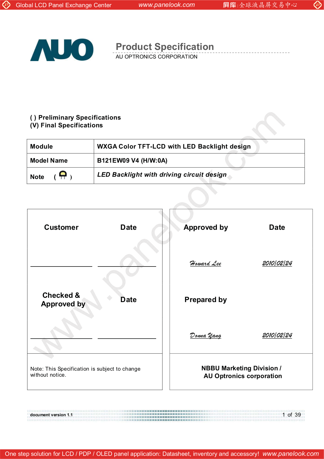 AUO B121EW09 V4 Specification