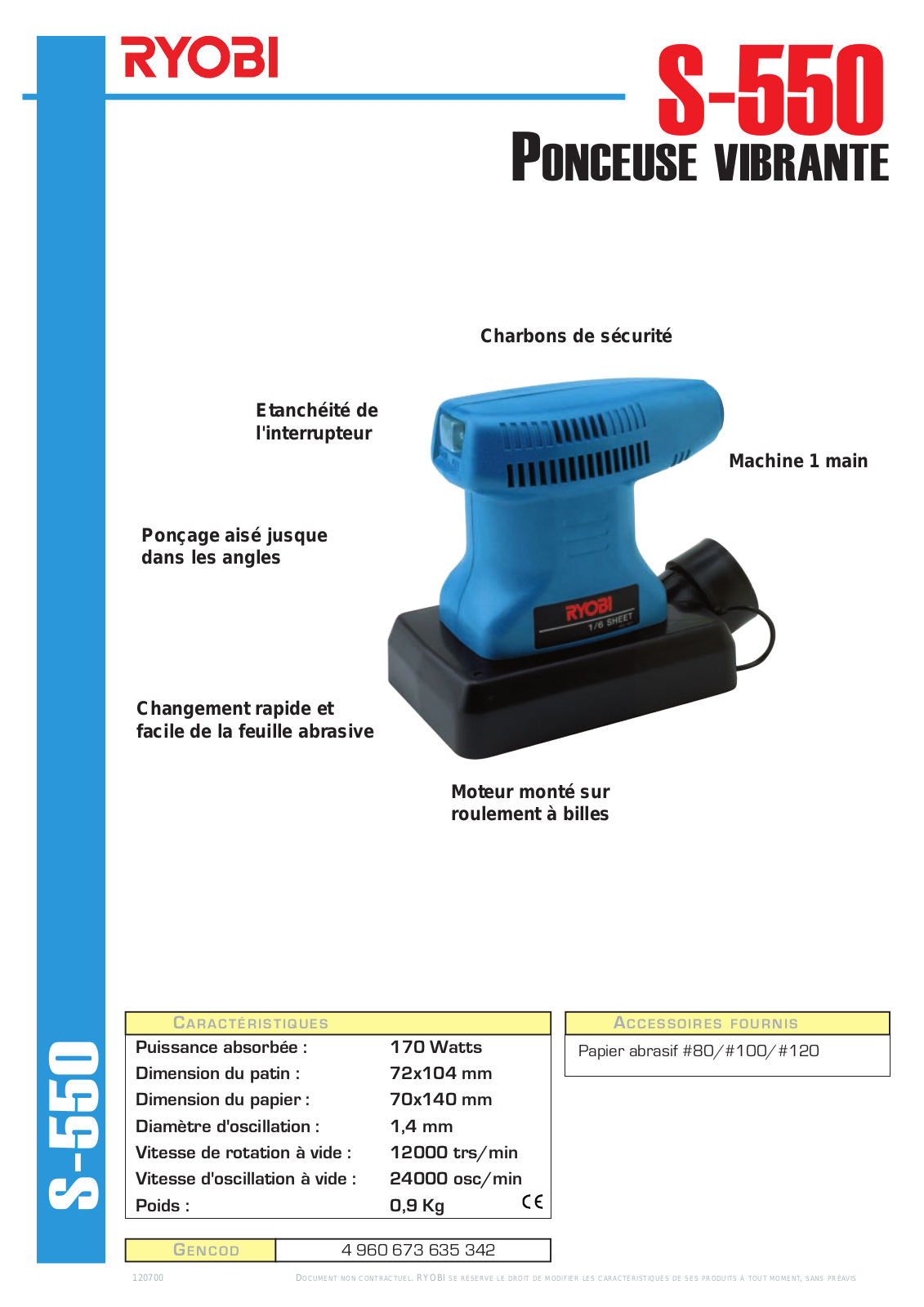 Ryobi S-550 PRODUCT SHEET