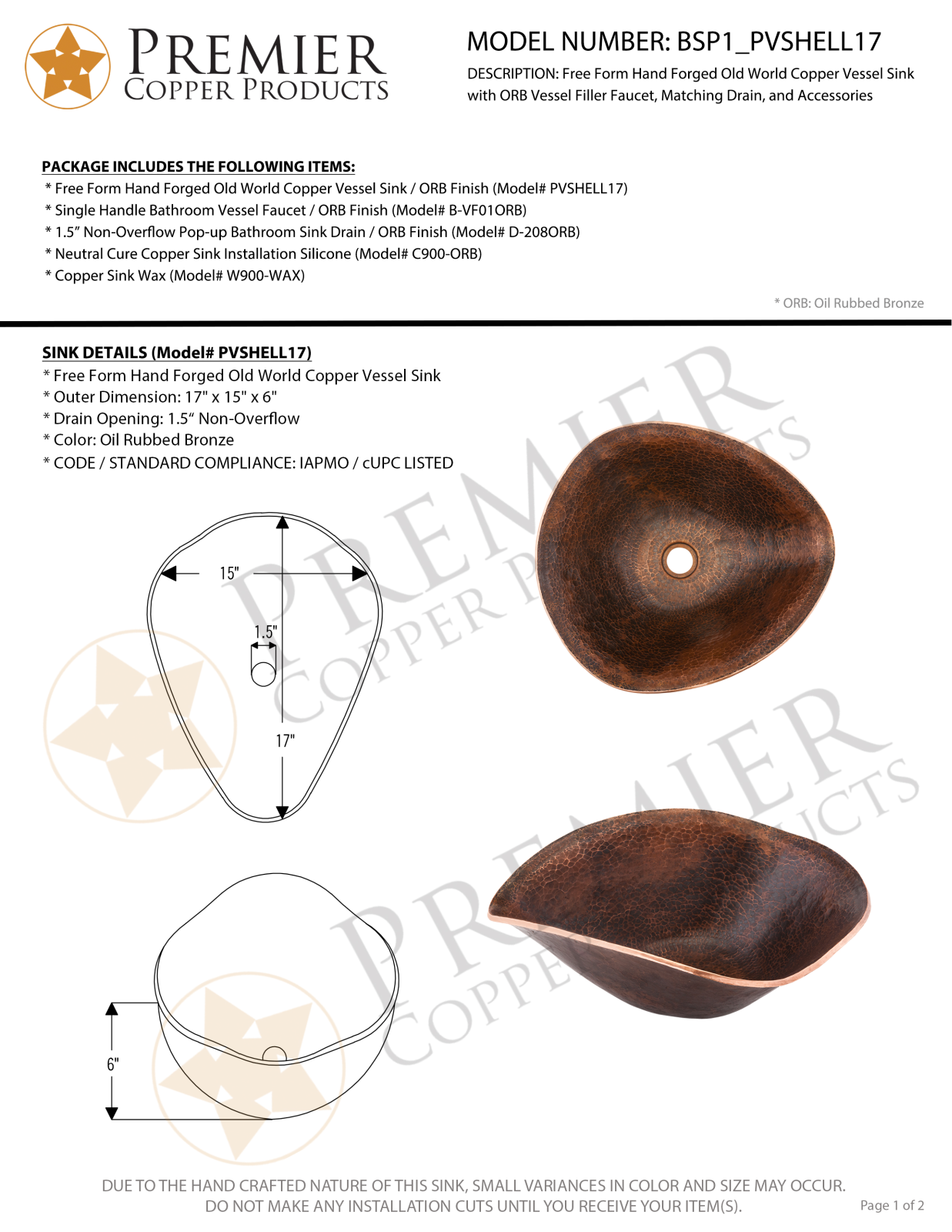 Premier Copper Products IER1447 Specifications - ManualMachine.com