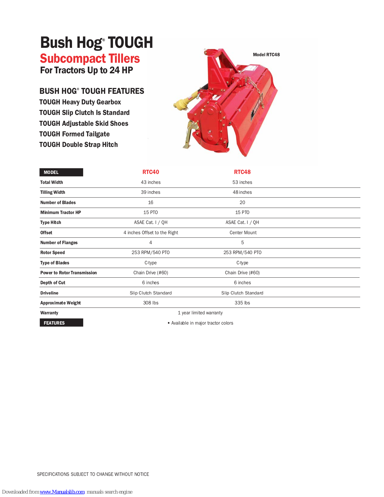 Bush Hog Tough RTC40, Tough RTC48 Specifications - ManualMachine.com