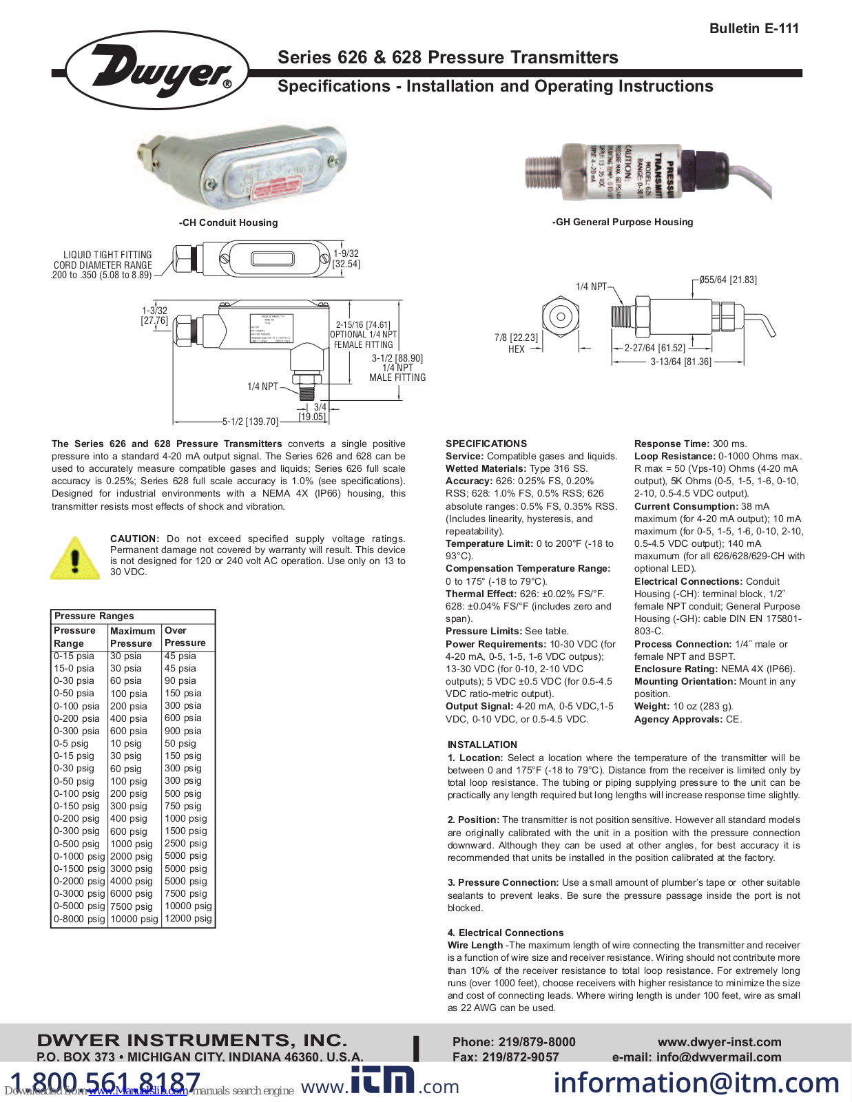 Dwyer Instruments 628 Series Installation And Operating Instructions Manual