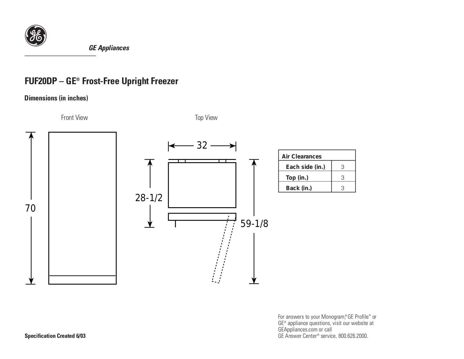 GE FUF20DP Specification