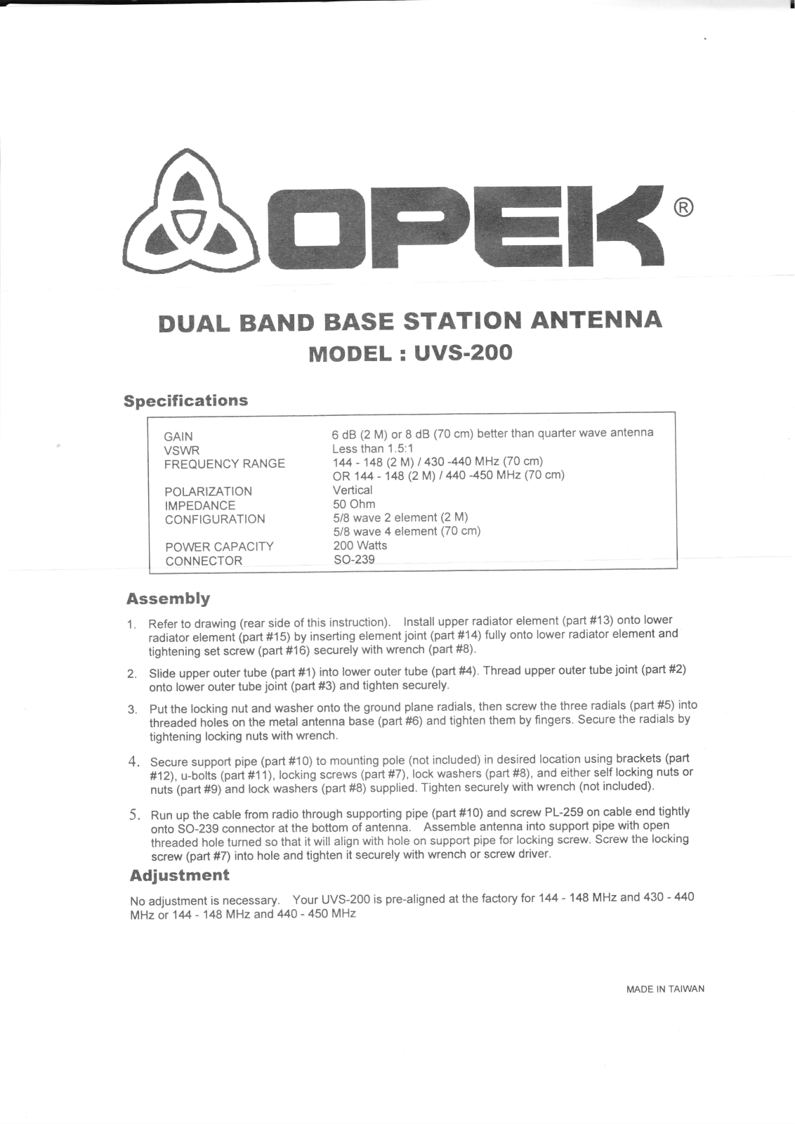 Opek UVS-200 User manuel - ManualMachine.com