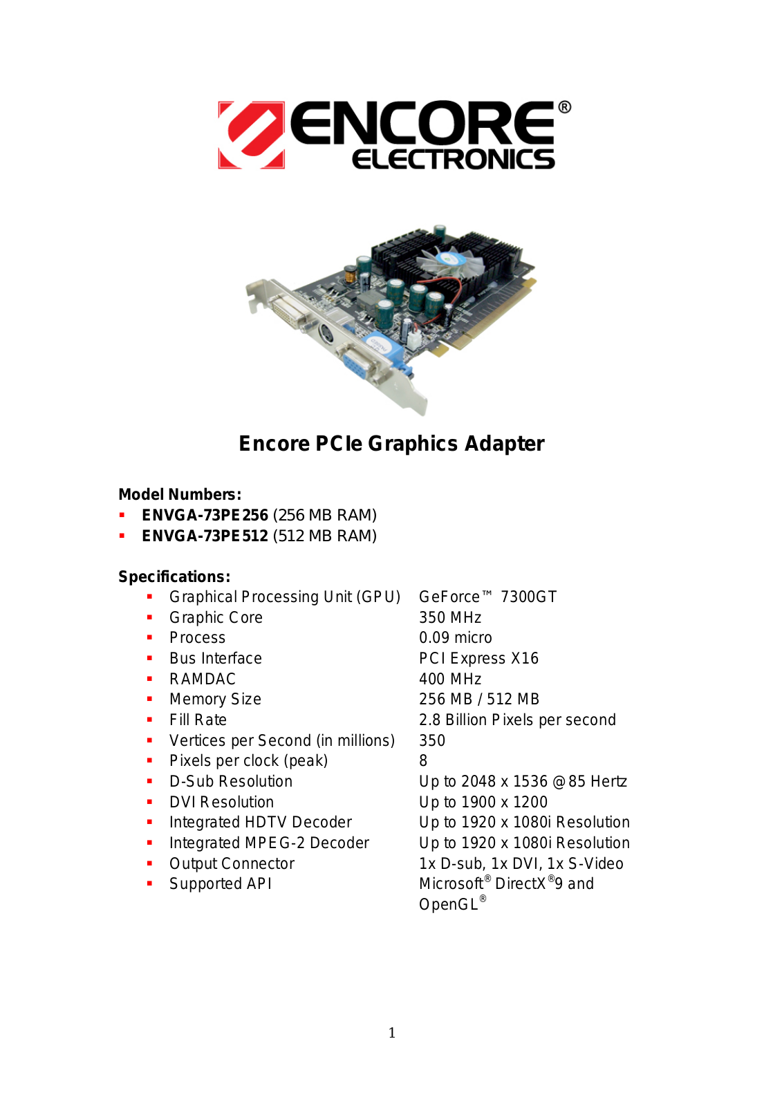 Encore ENVGA-73PE256, ENVGA-73PE512 DATA SHEET