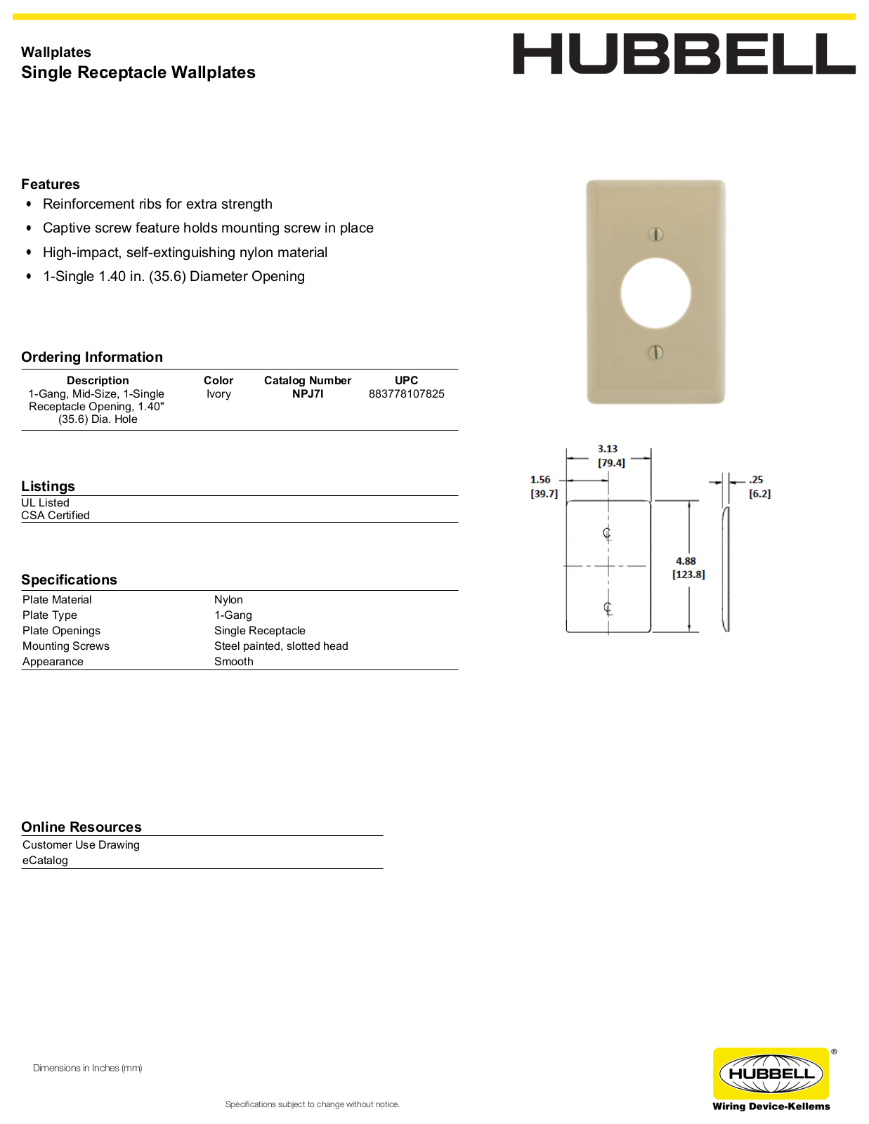 Hubbell NPJ7I Specifications