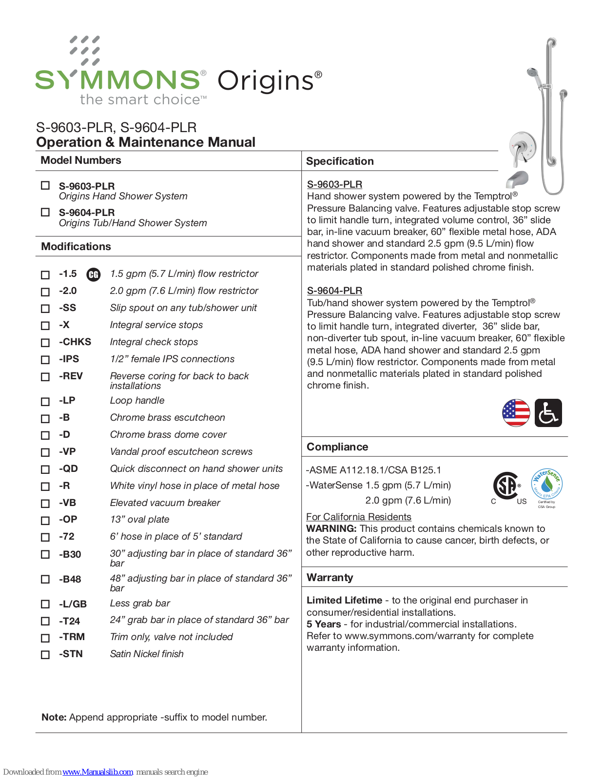 Symmons Origins S-9603-PLR, Origins S-9604-PLR Operation & Maintenance Manual