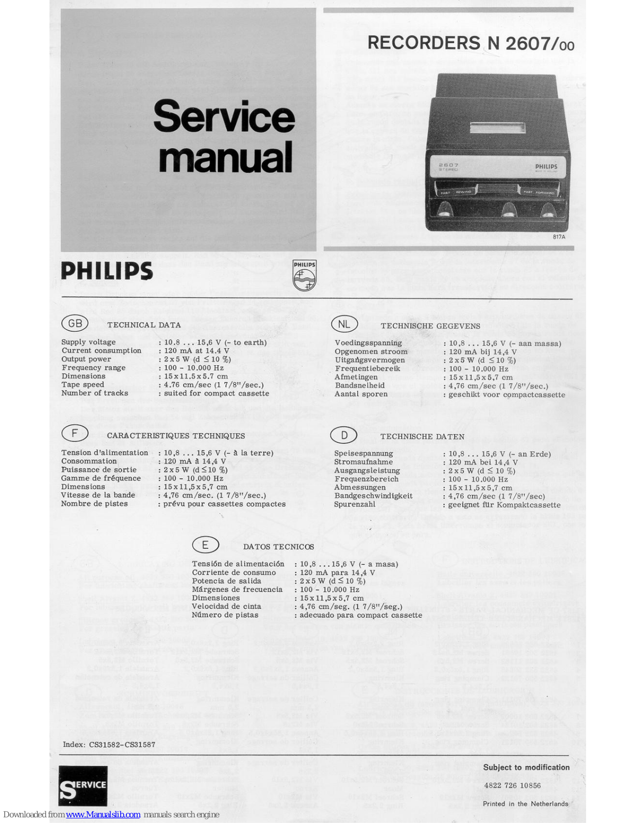 Philips N 2607/00 Service Manual