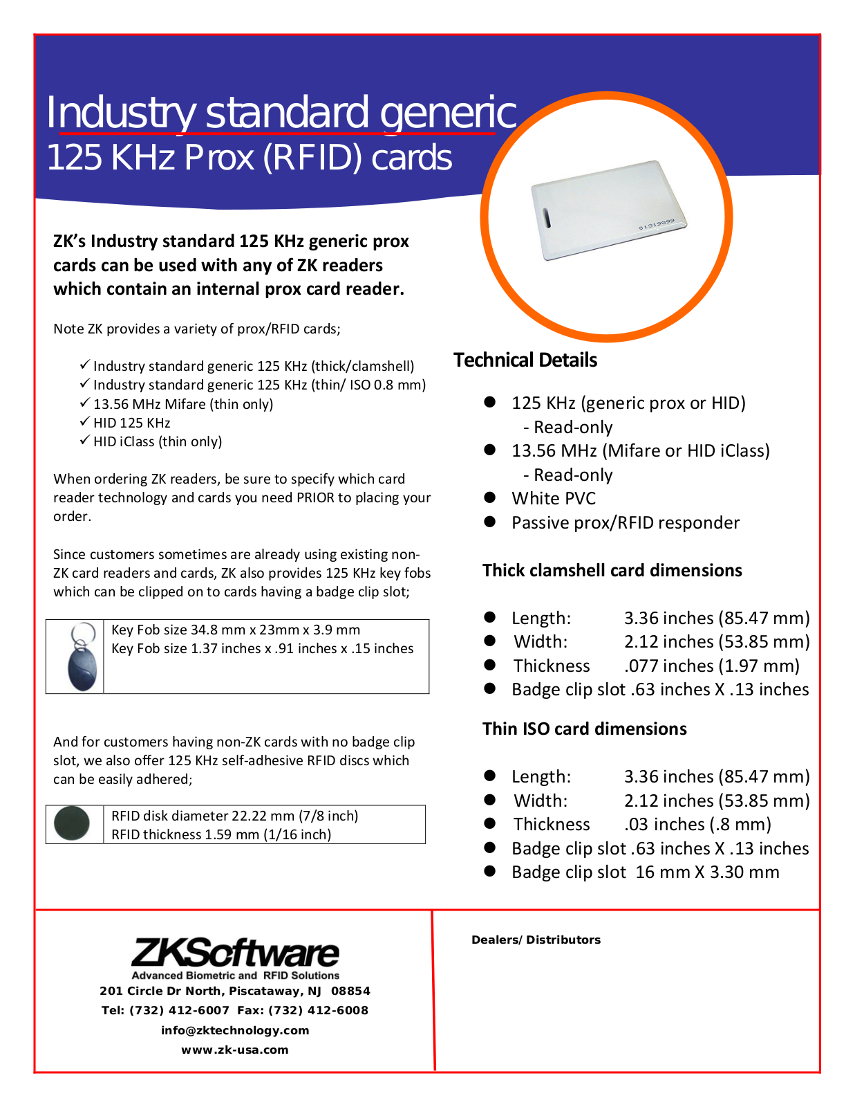 ZKAccess Prox Card Thick Specsheet