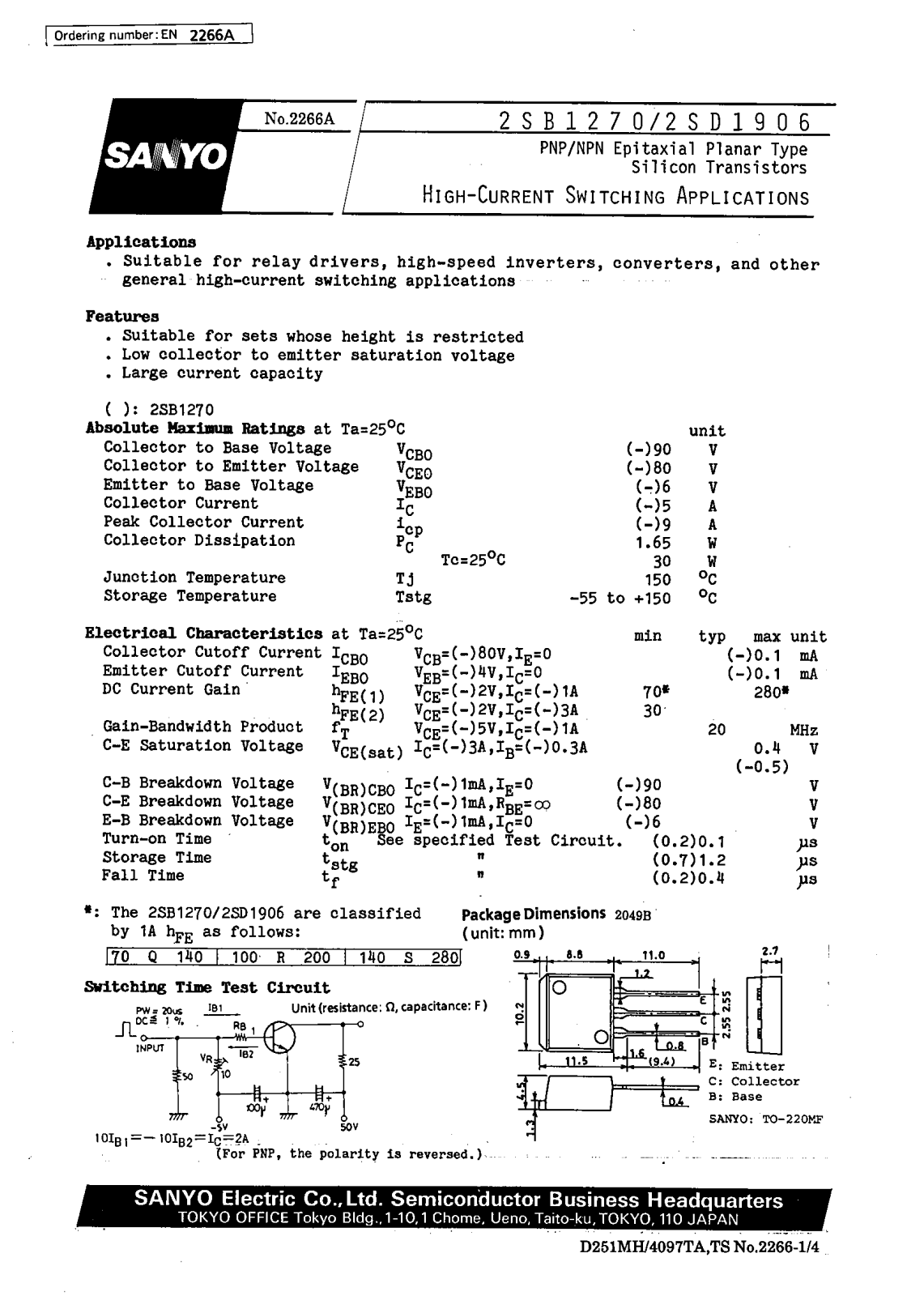 SANYO 2SD1906, 2SB1270 Datasheet