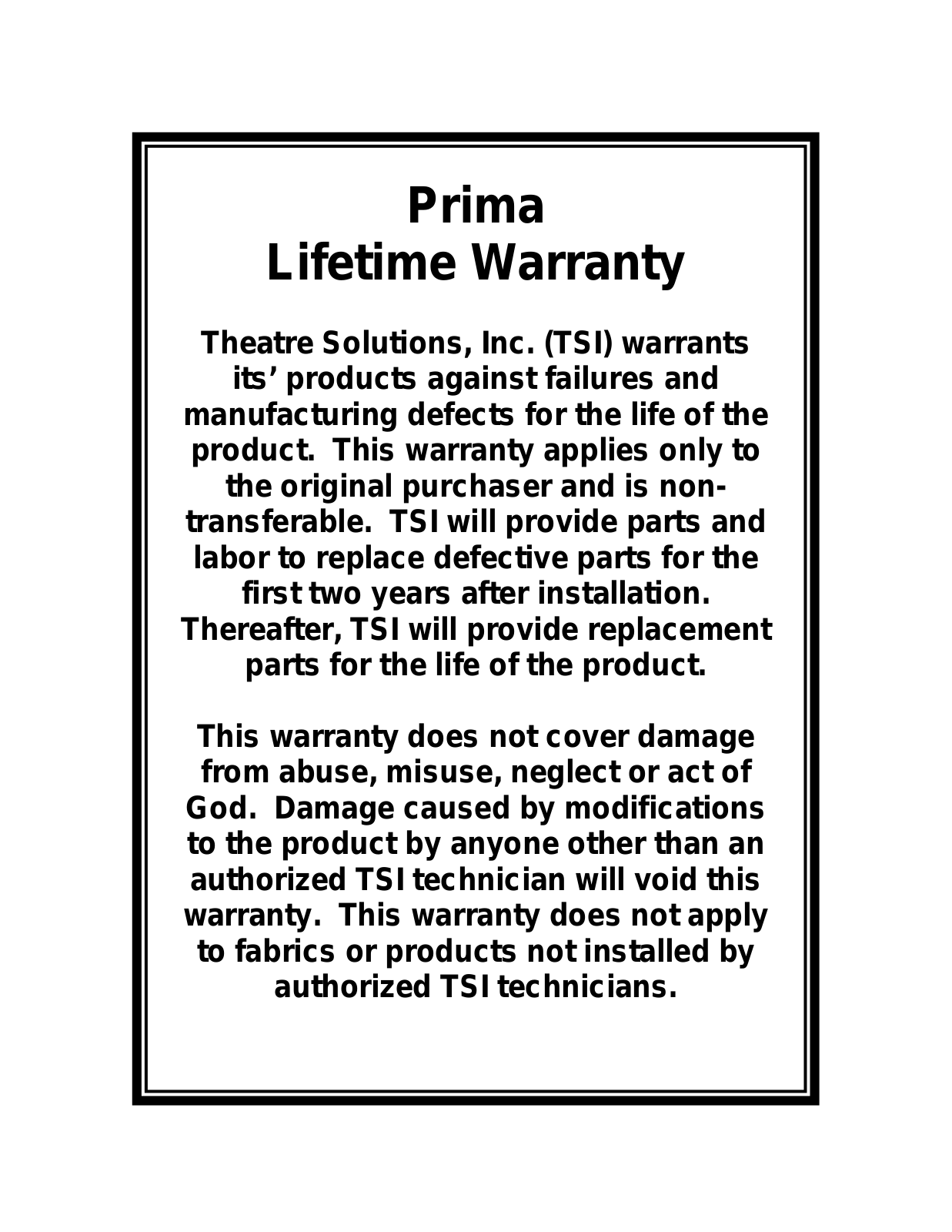 Theatre Solution Prima Warranty User Manual