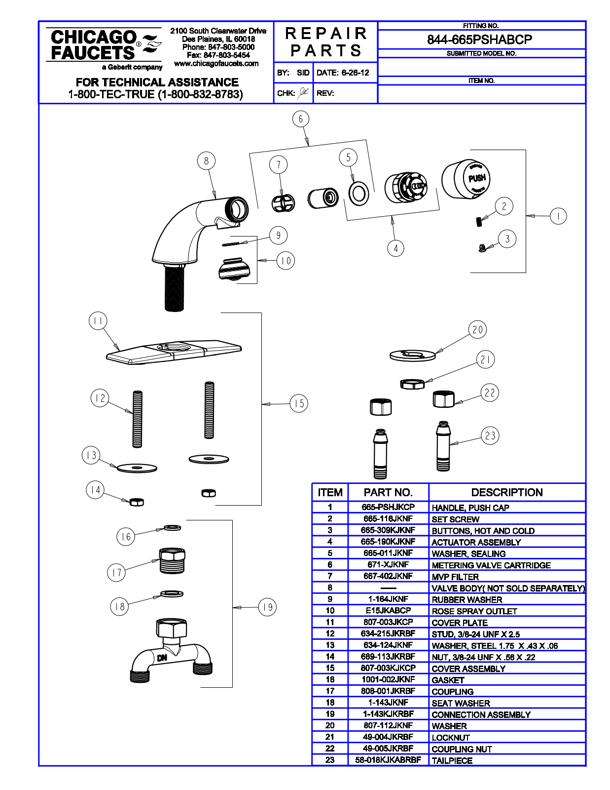 Chicago Faucet 844-665PSHAB Parts List