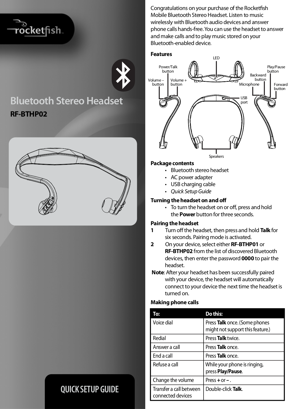 RocketFish RF-BTHP02 User Manual