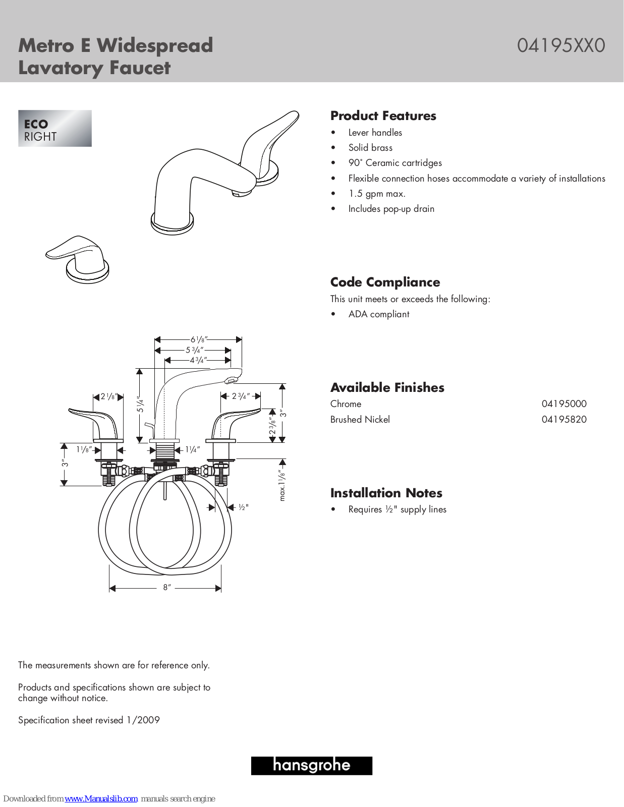 Hansgrohe 04195820, 04195000 Specification Sheet