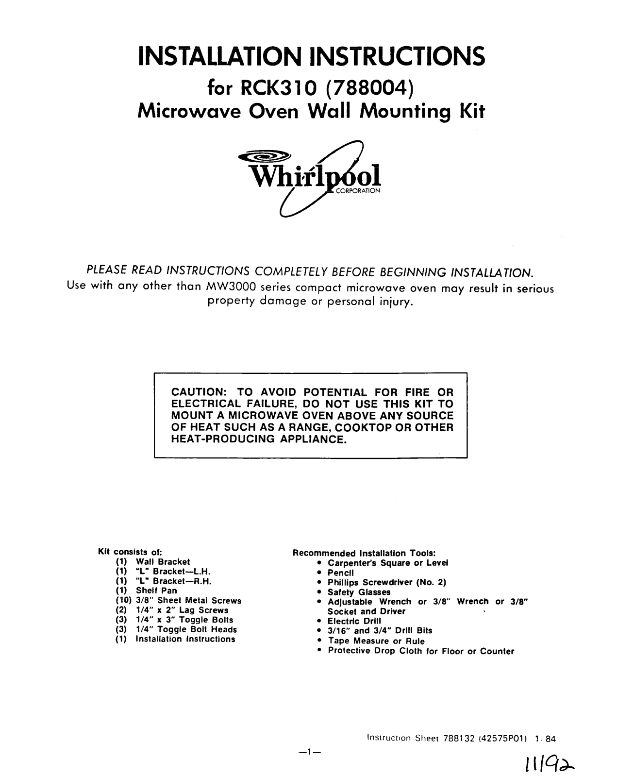 Whirlpool RCK310 Installation Instructions - ManualMachine.com